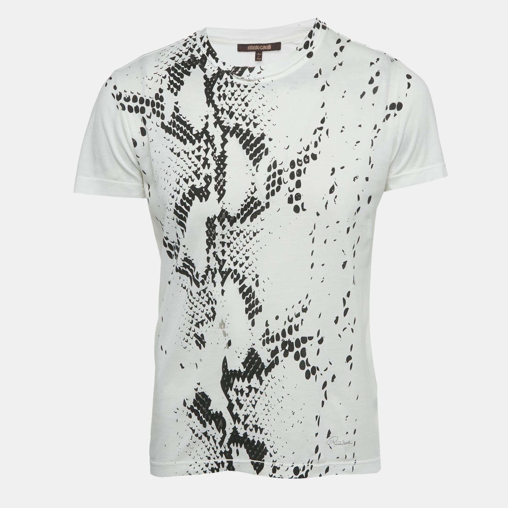 Pre-owned Roberto Cavalli White Snakeskin Print Jersey T-shirt S