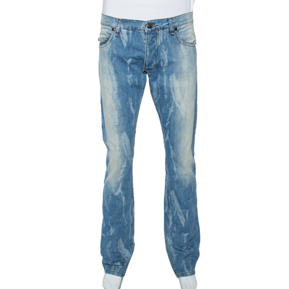 

Roberto Cavalli Blue Light Wash Denim Distressed Pattern Jeans
