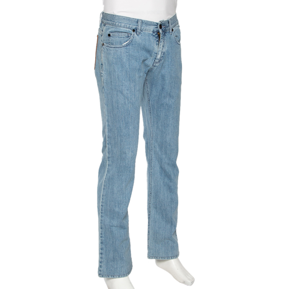 

Roberto Cavalli Blue Denim Leather Pocket Patch Straight Fit Jeans
