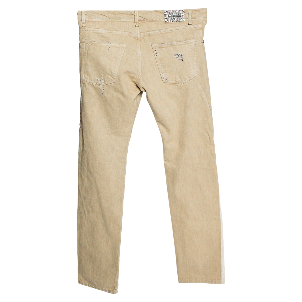 

Roberto Cavalli Beige Distressed Denim Contrast Trim Detail Jeans