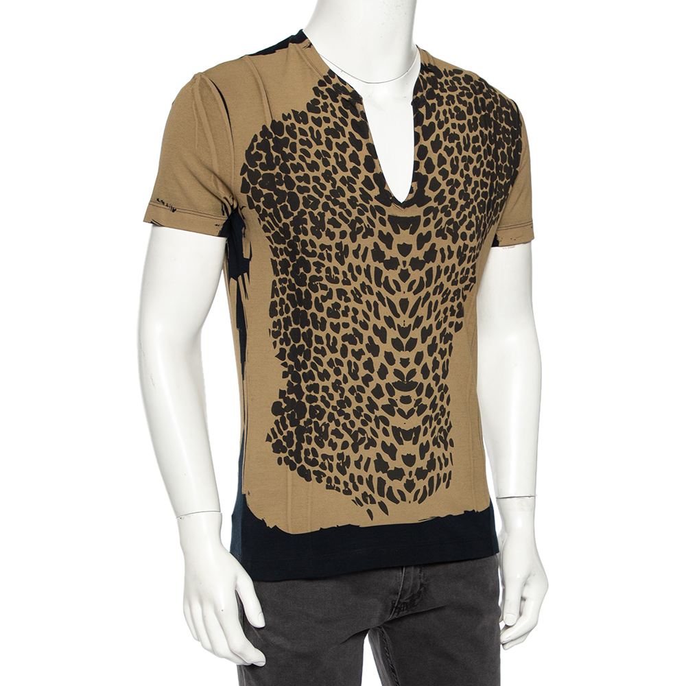 

Roberto Cavalli Dark Beige Printed Cotton V-Neck T-Shirt