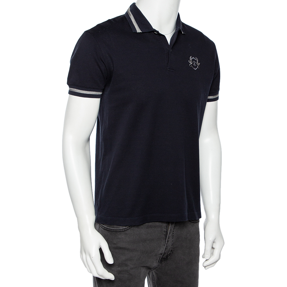 

Roberto Cavalli Navy Blue Cotton Pique Logo Crest Embroidered Polo T-Shirt