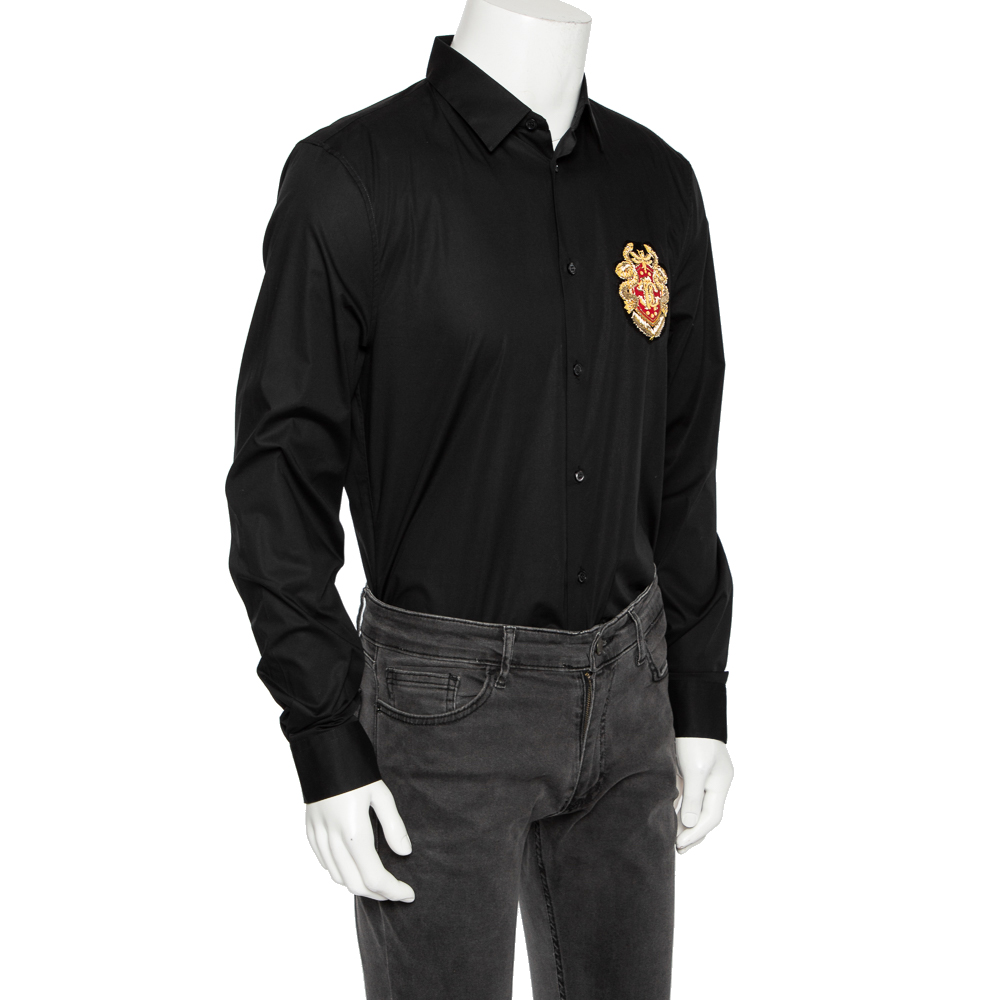 

Roberto Cavalli Black Cotton Logo Crest Embroidered Button Front Shirt