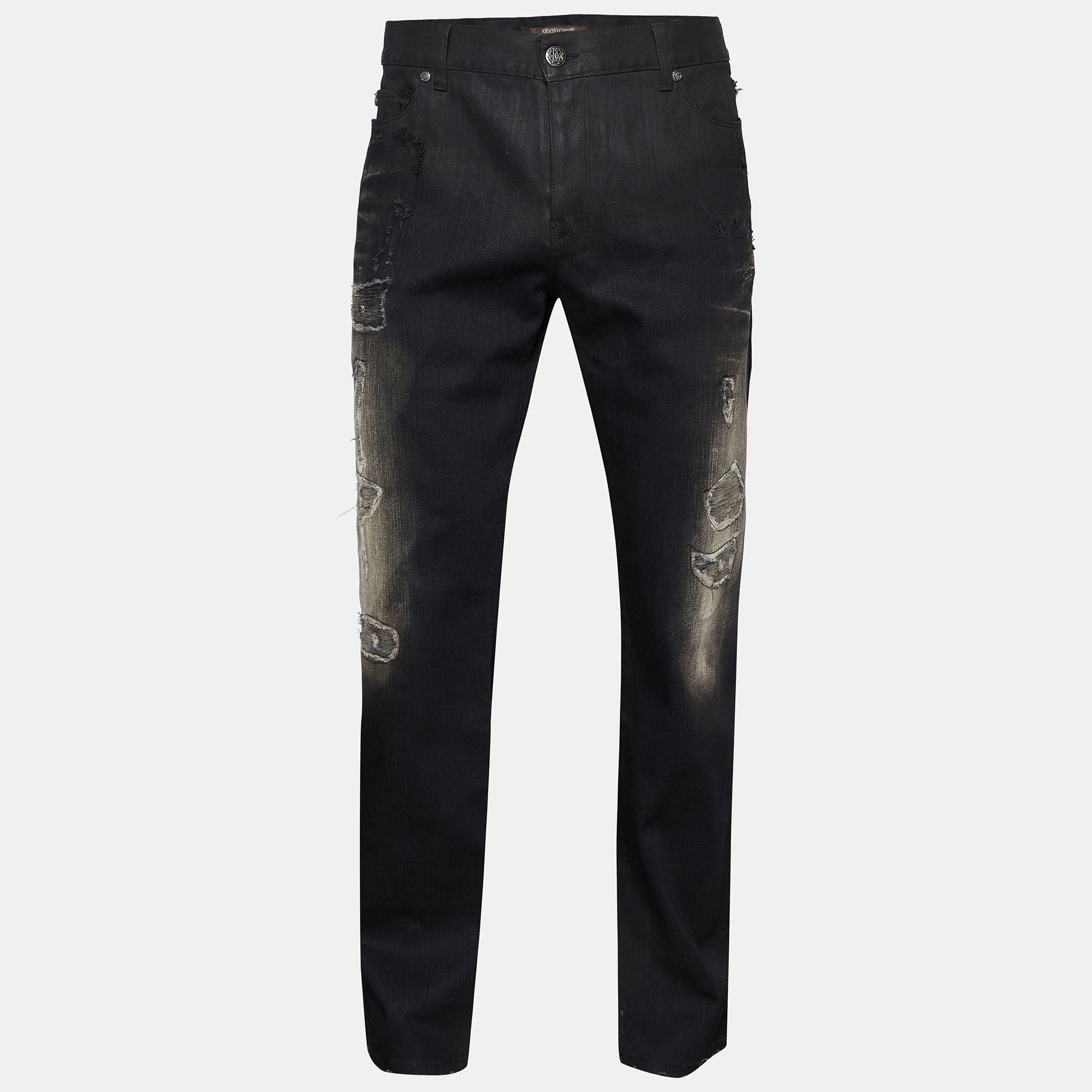 Pre-owned Roberto Cavalli Black Denim Distressed Jeans Xl