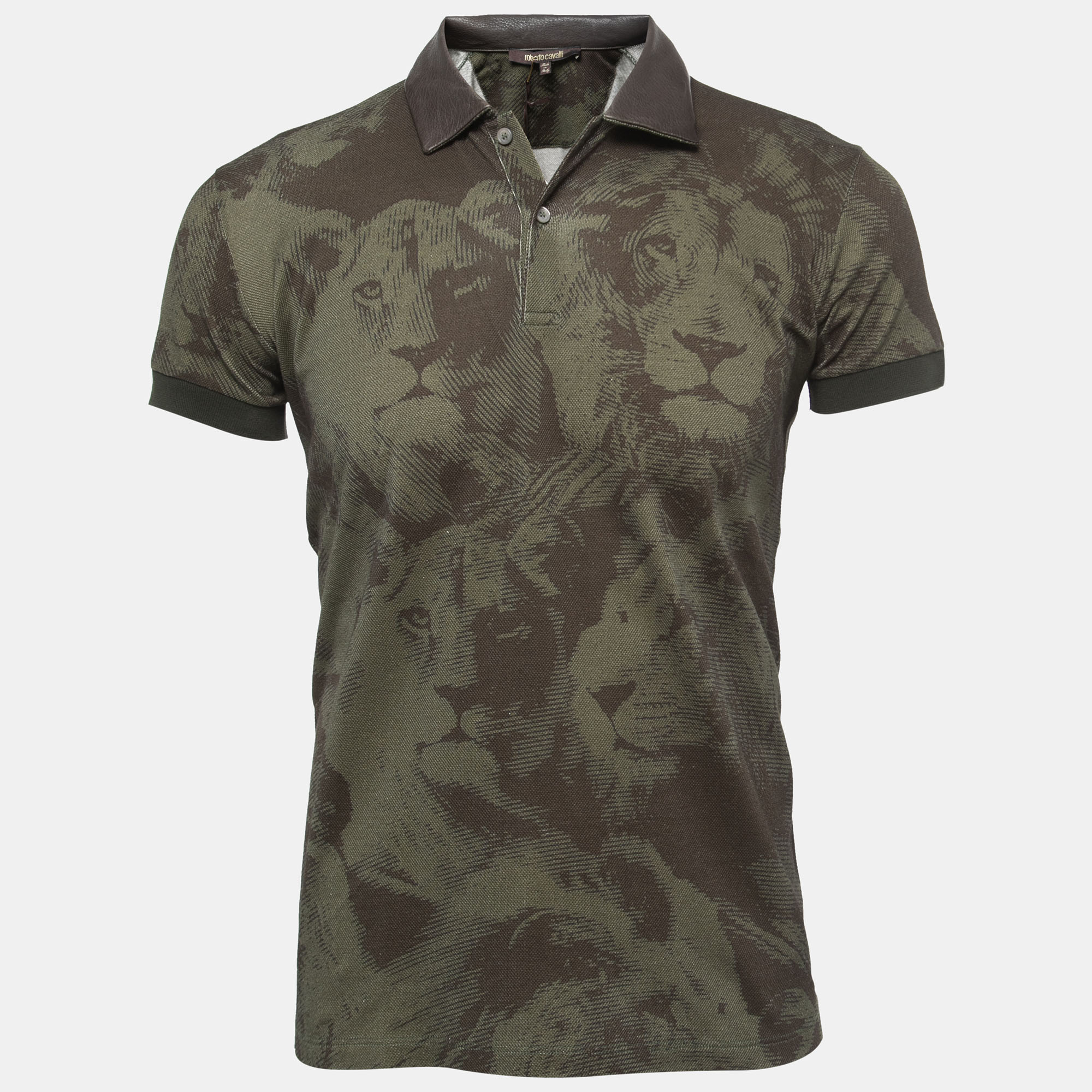 

Roberto Cavalli Military Green Lion Print Cotton Leather Trimmed Polo T-Shirt
