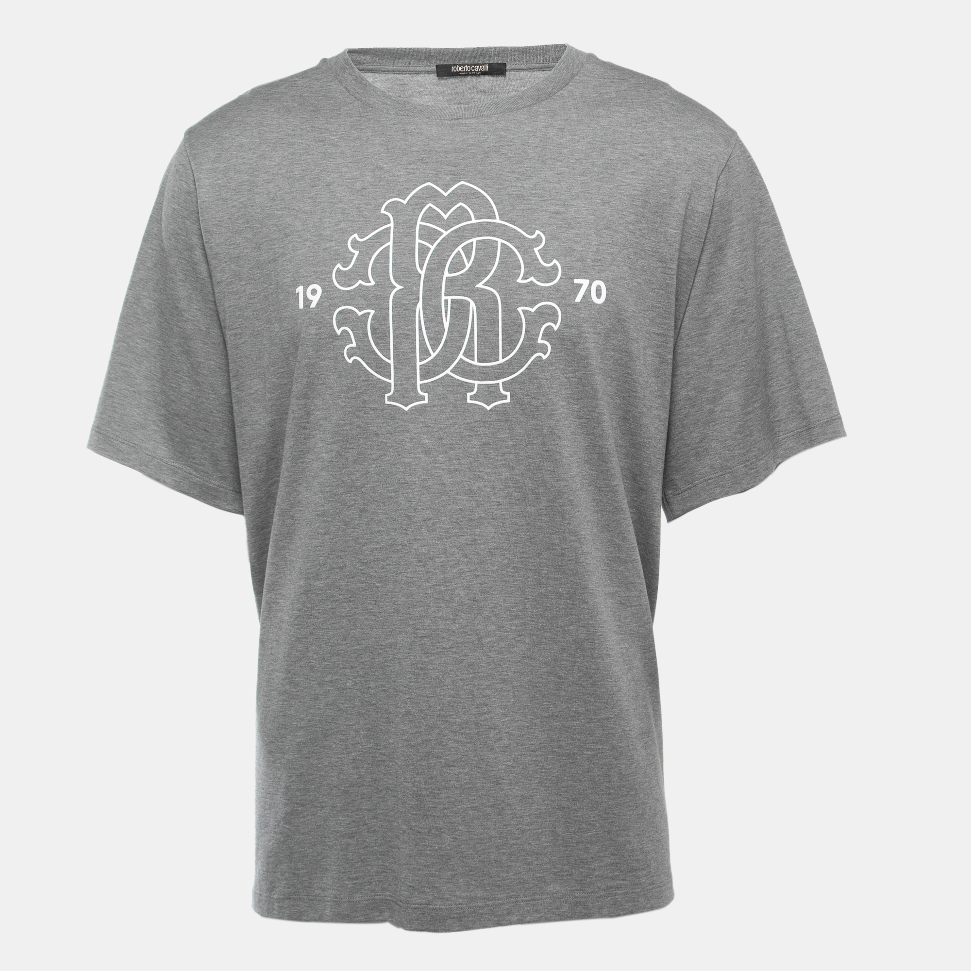 

Roberto Cavalli Grey Logo Print Cotton Crew Neck Half Sleeve T-Shirt XXL