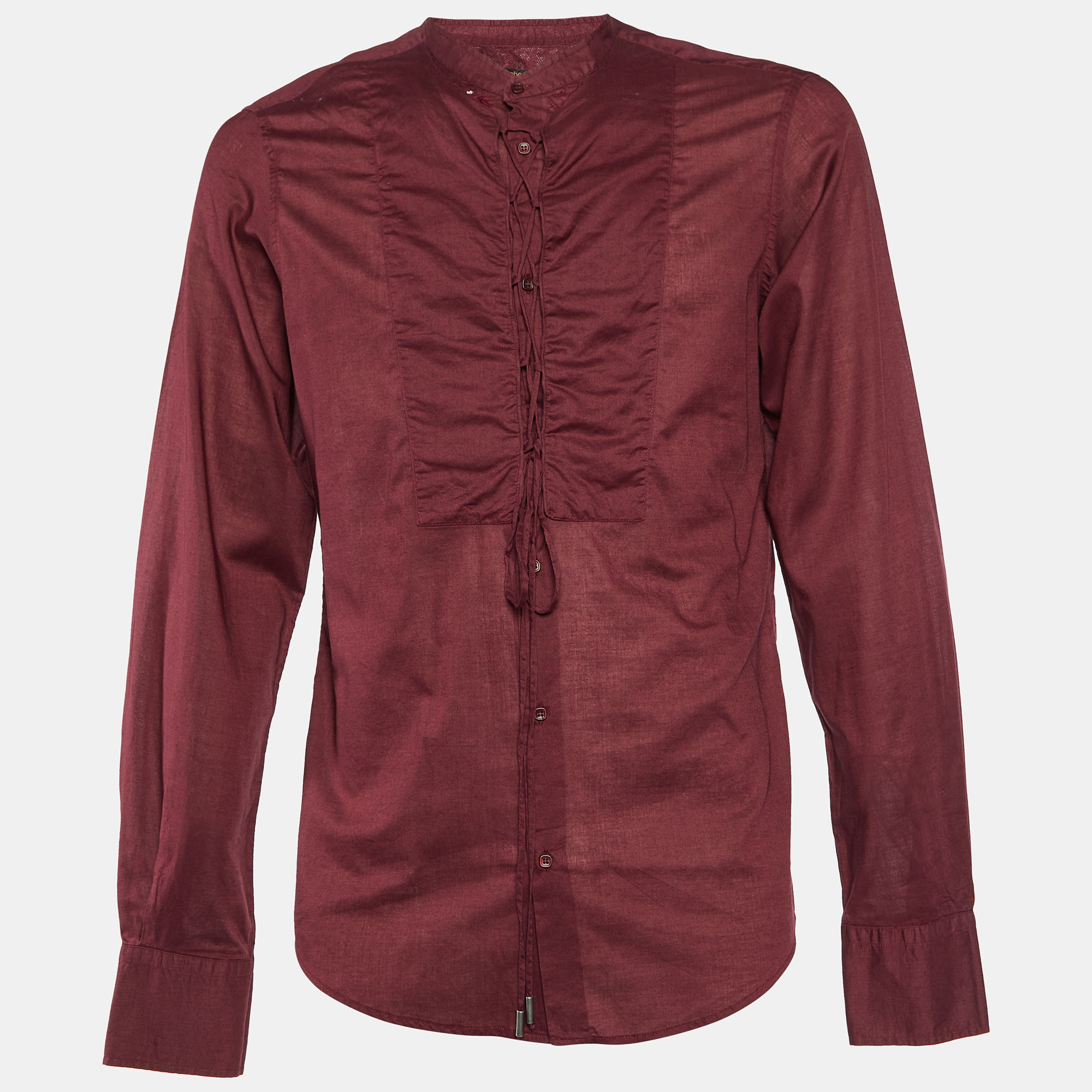 

Roberto Cavalli Burgundy Cotton Embroidered Lace Up Detail Shirt