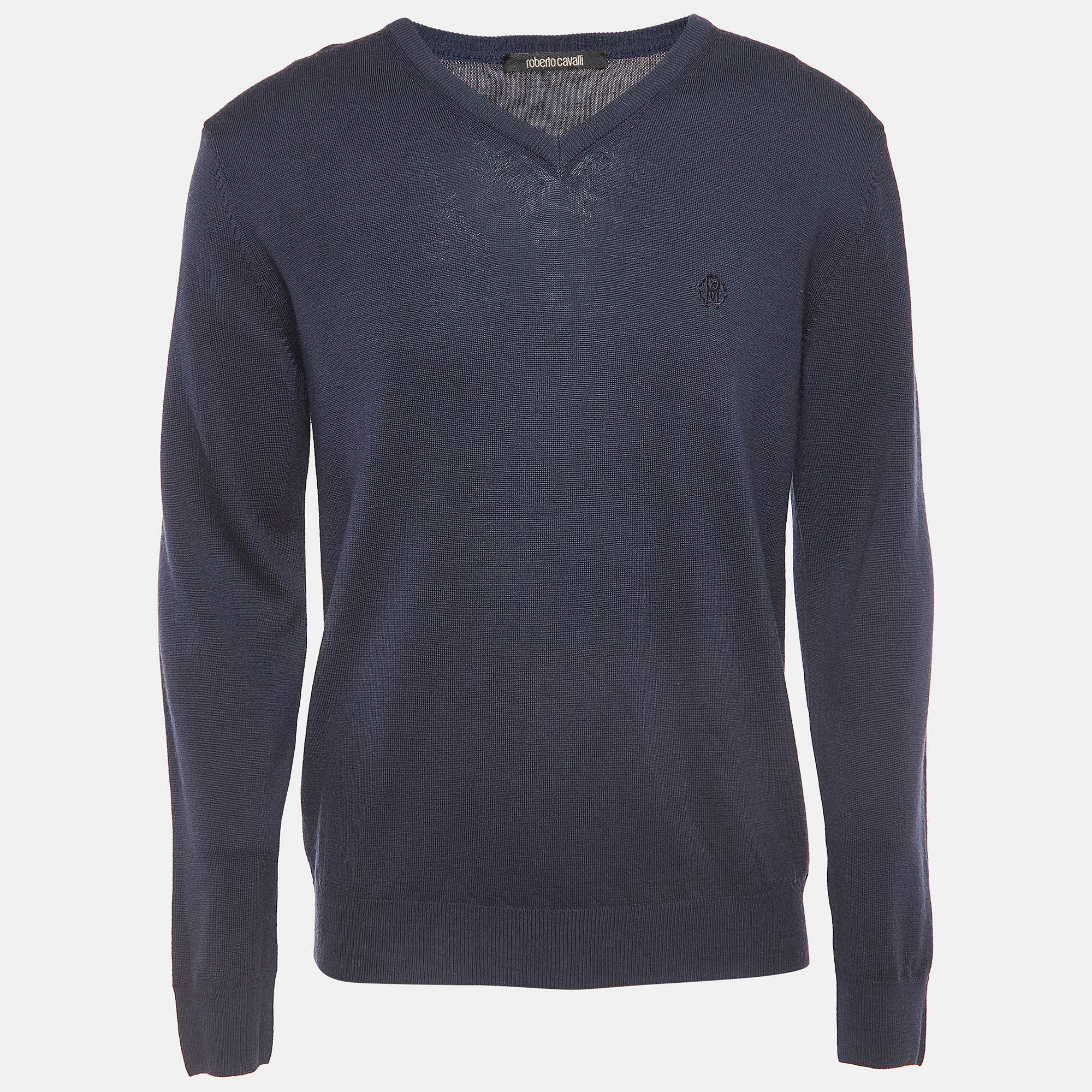 Pre-owned Roberto Cavalli Navy Blue Wool Knit V-neck Sweatshirt Xl