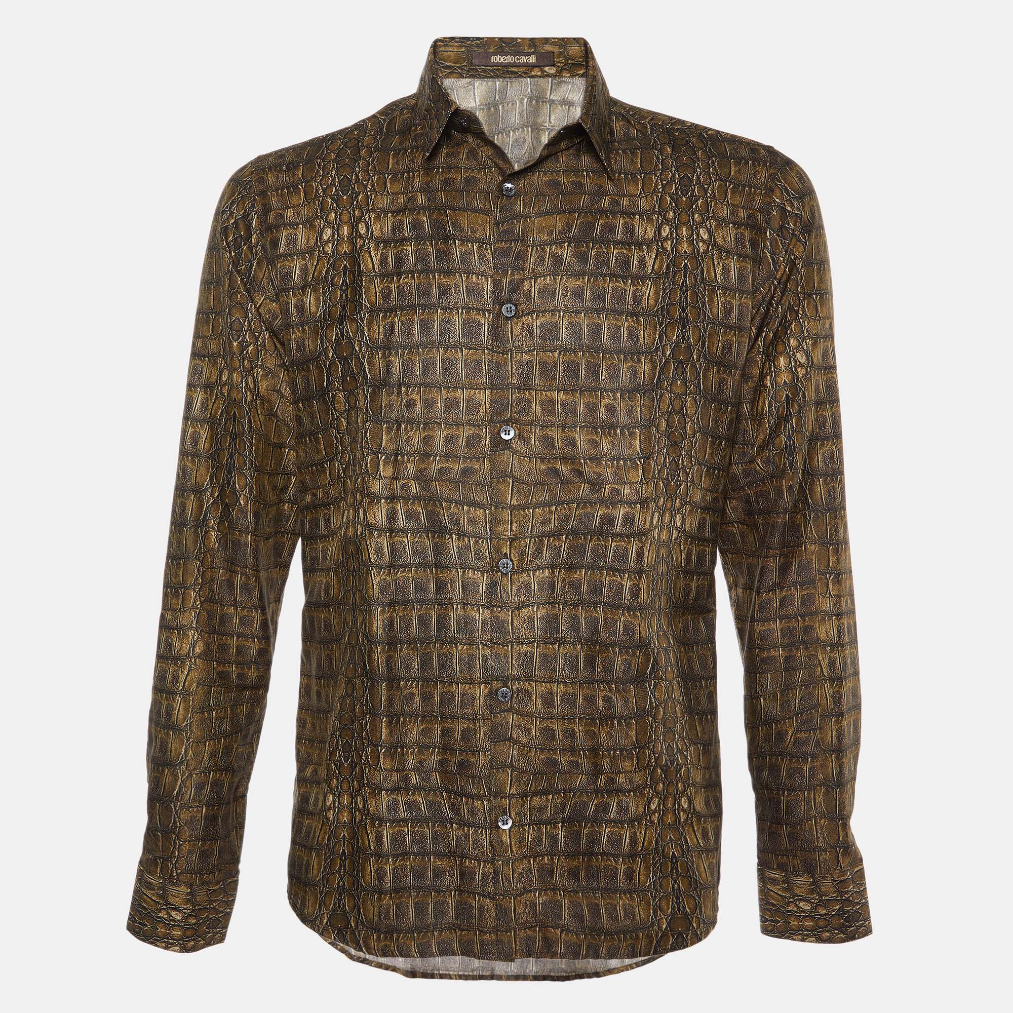 

Roberto Cavalli Olive Brown Leather Print Cotton & Silk Long Sleeve Shirt L
