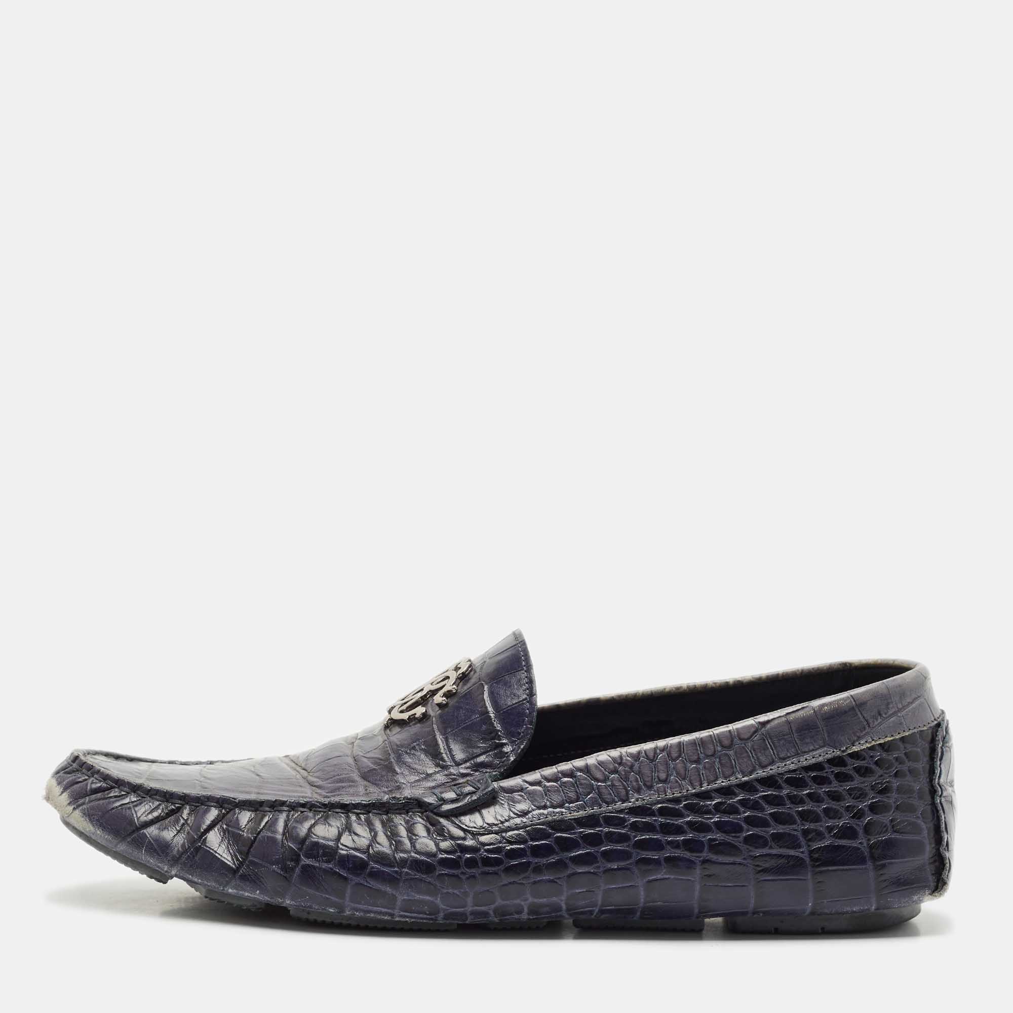 

Roberto Cavalli Navy Blue Croc Embossed Leather Slip on Loafers Size