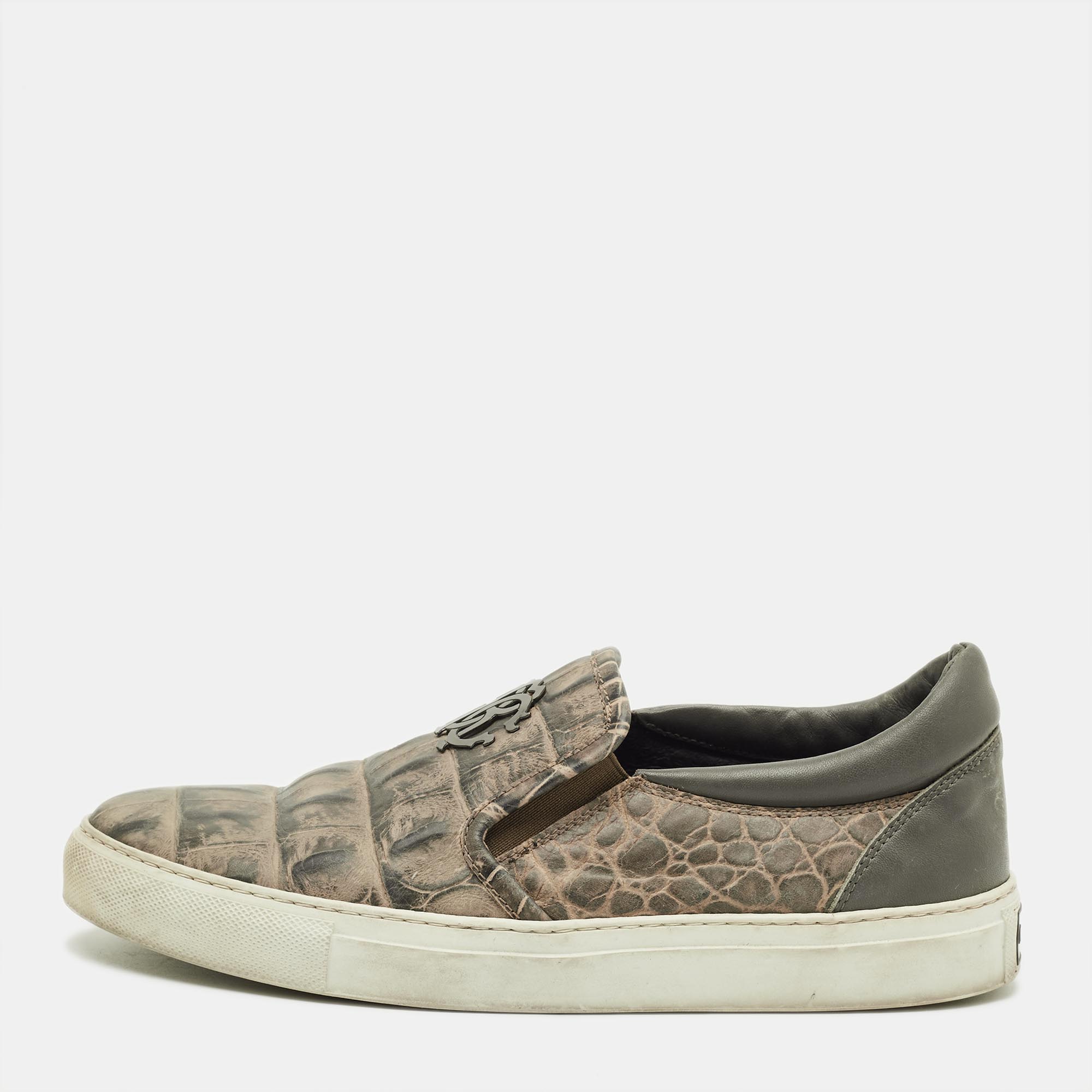 

Roberto Cavalli Size  Green Croc Embossed Leather Logo Slip On Sneakers