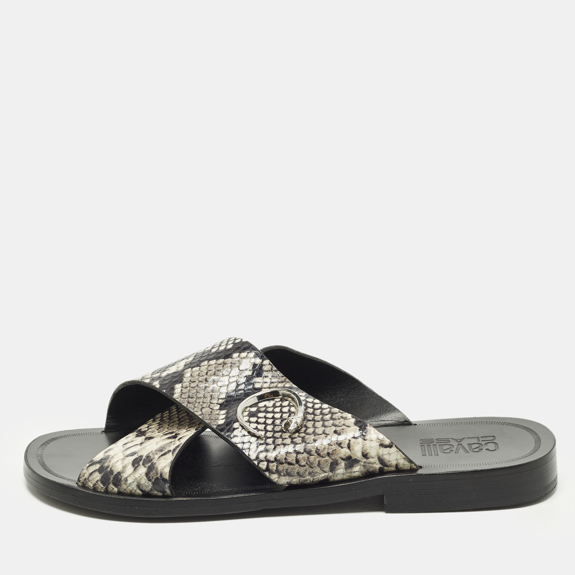 

Roberto Cavalli Size  Two Tone Python Embossed Leather Criss-Cross Flat Slide, Black