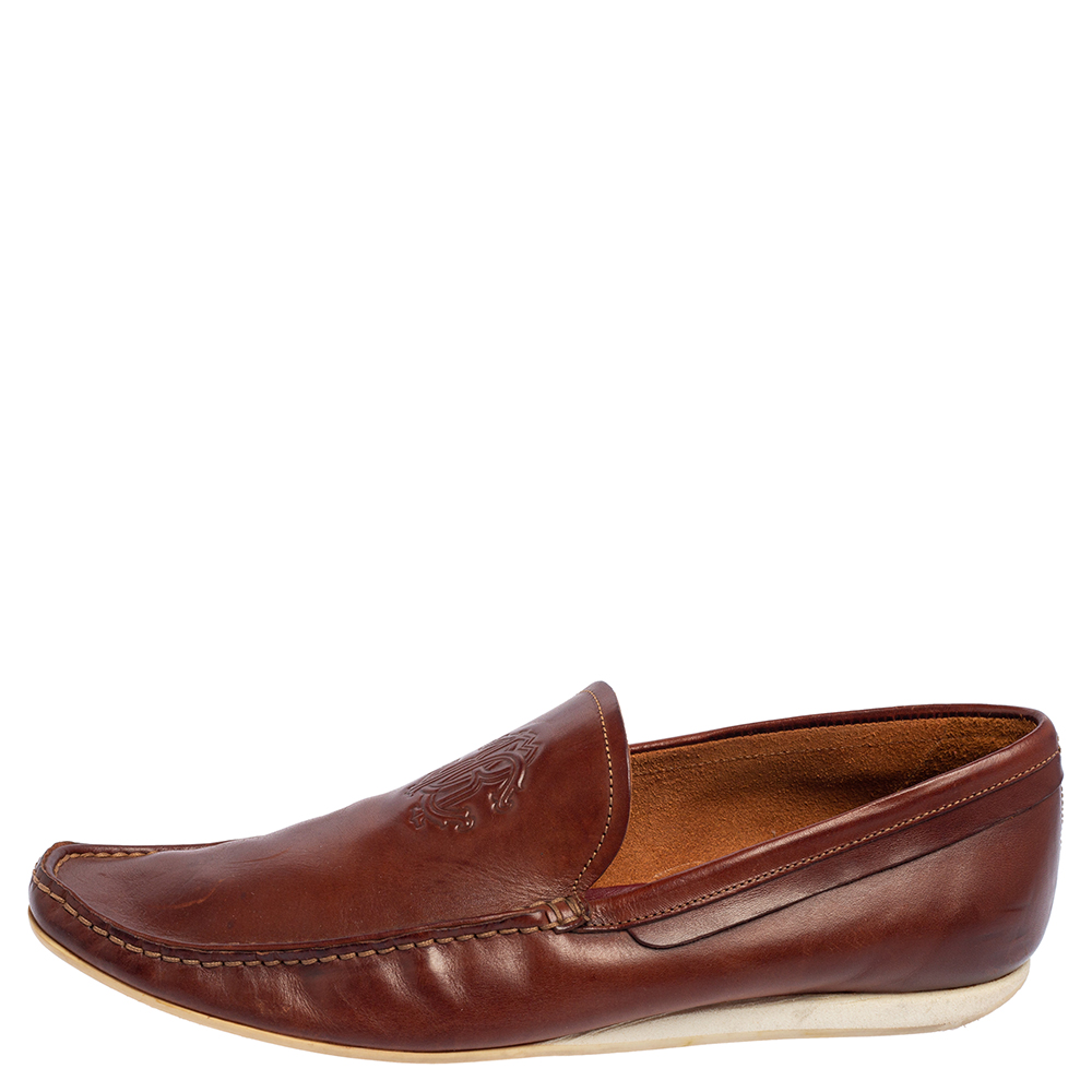 

Roberto Cavalli Brown Leather Logo Embossed Slip On Loafers Size