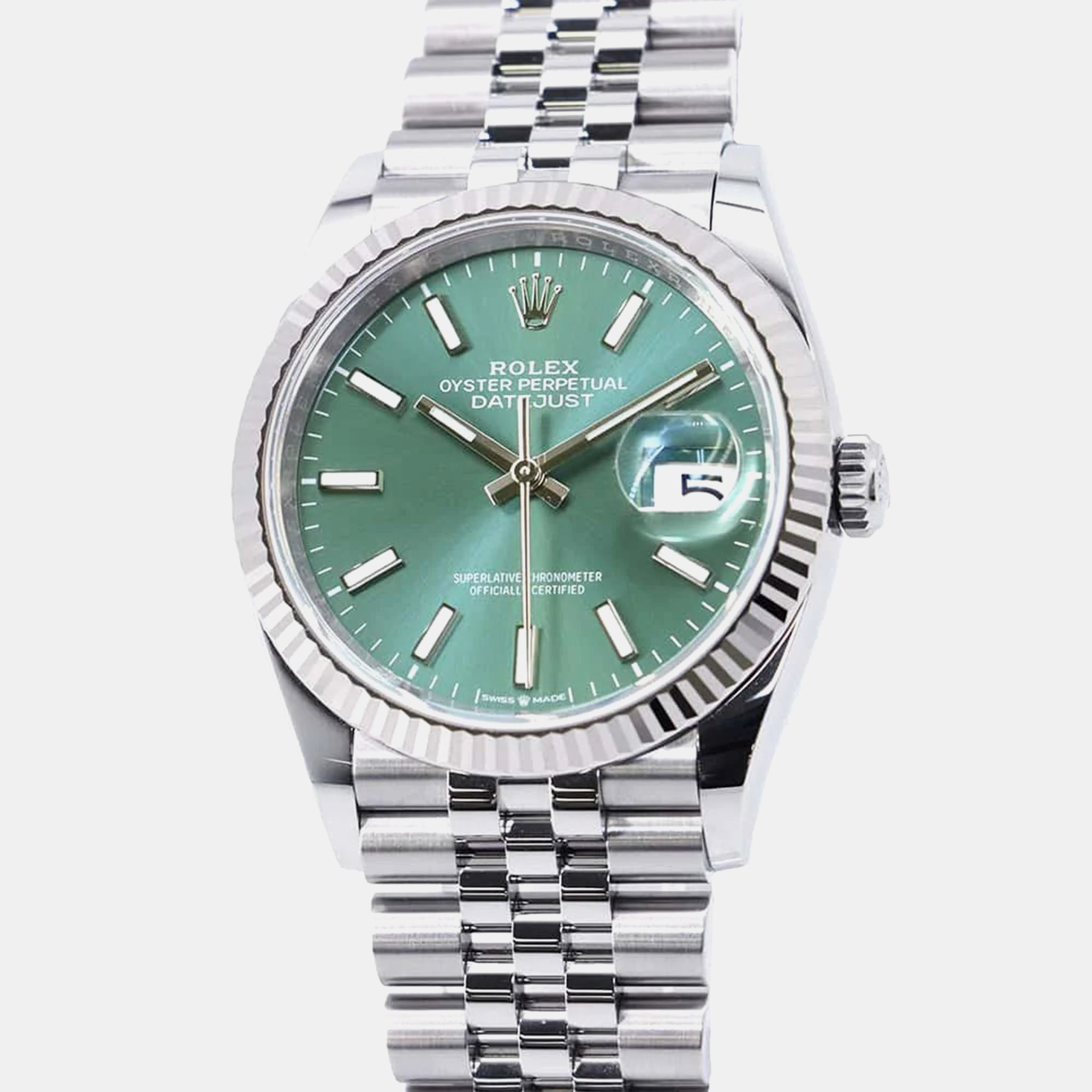 

Rolex Green 18k White Gold Stainless Steel Datejust 126234 Automatic Men's Wristwatch 36 mm