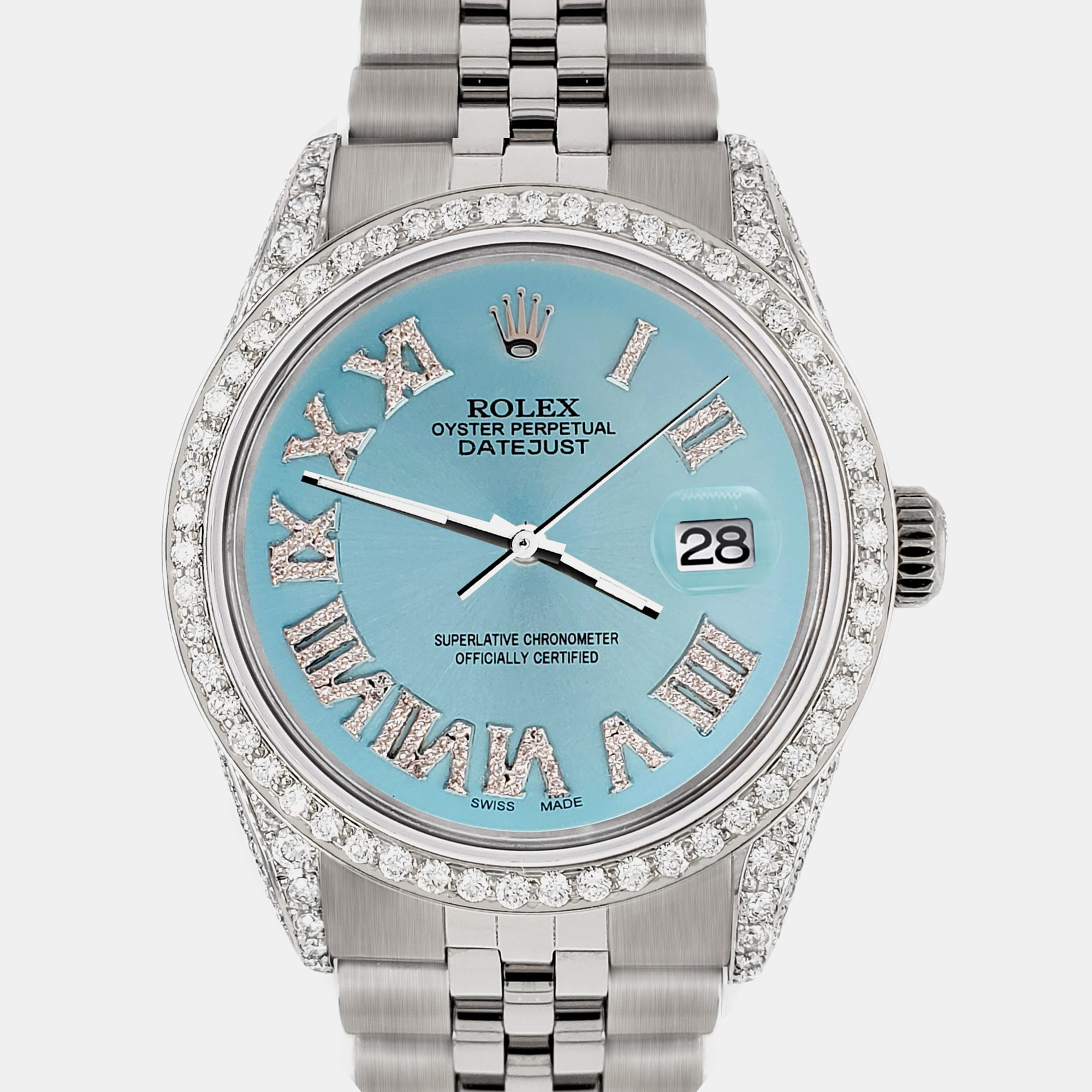 

Rolex pave case sky blue roman steel 2.85ct diamond bezel datejust Wristwatch