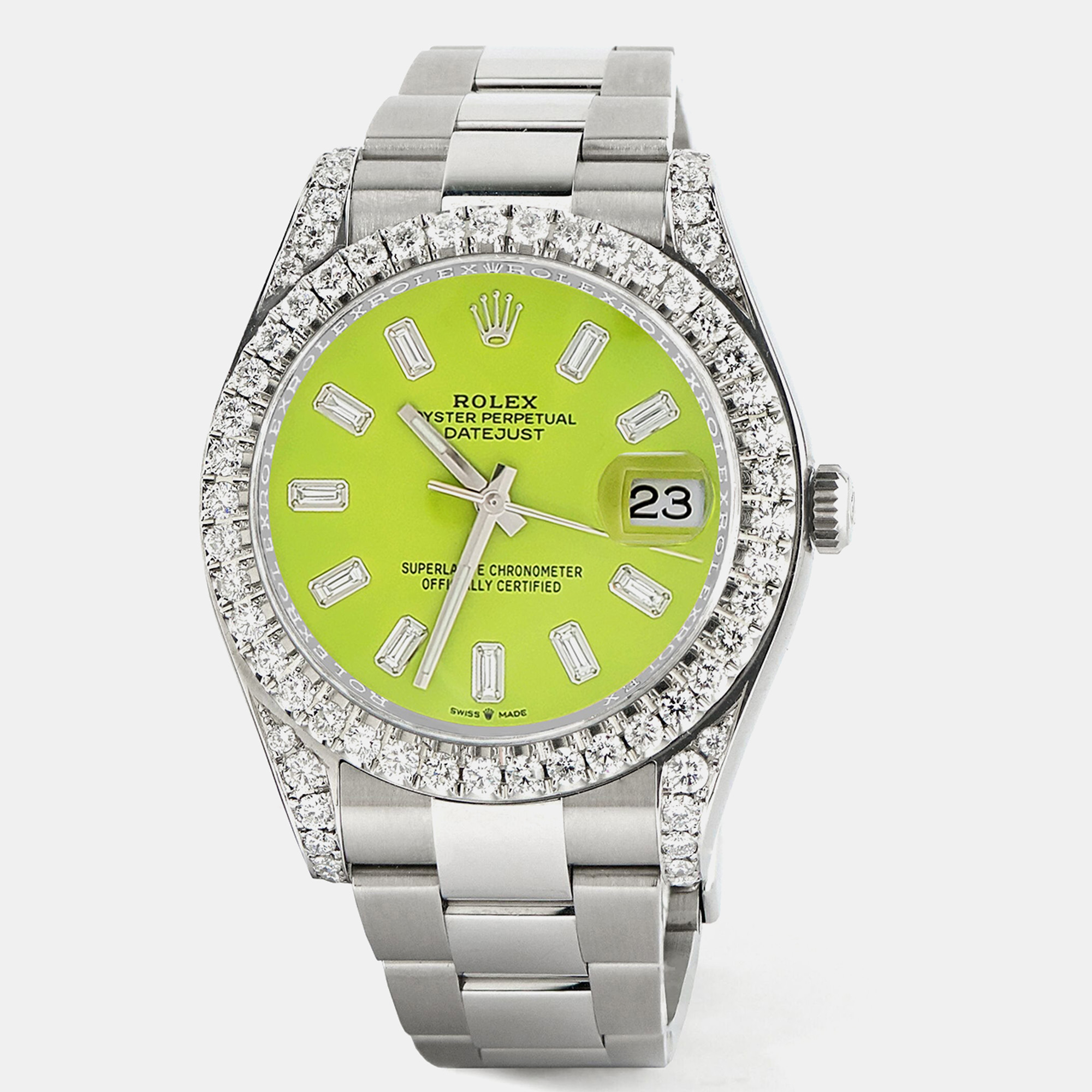 

Rolex 4.5ct diamond bezel lugs green baguette dial steel Datejust II 116300 Wristwatch