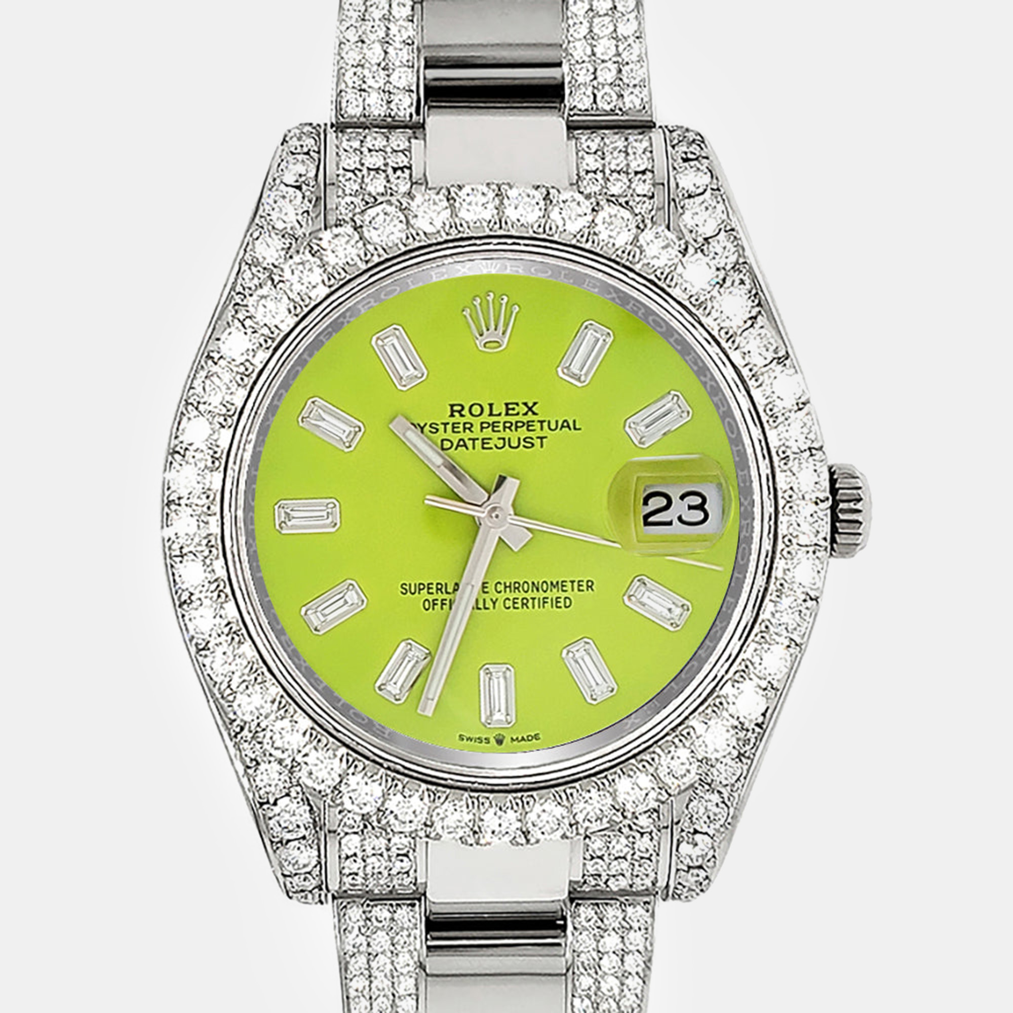 

Rolex green baguette dial steel 8.3ct diamond bezel lugs bracelet Datejust II 116300 Wristwatch