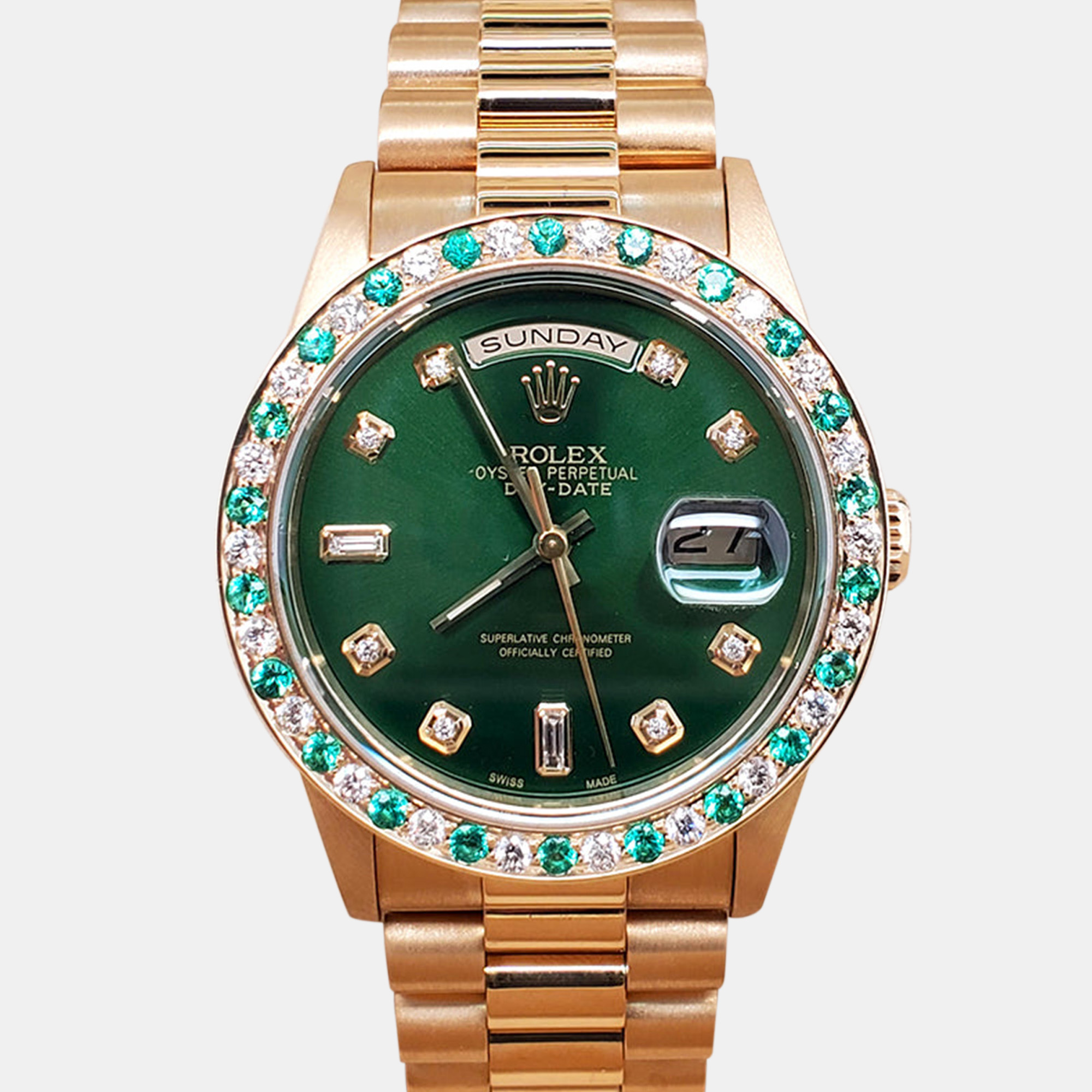 

Rolex Custom Green Diamonds 18K Yellow Gold Emeralds Datejust 18238 Automatic Men's Wristwatch