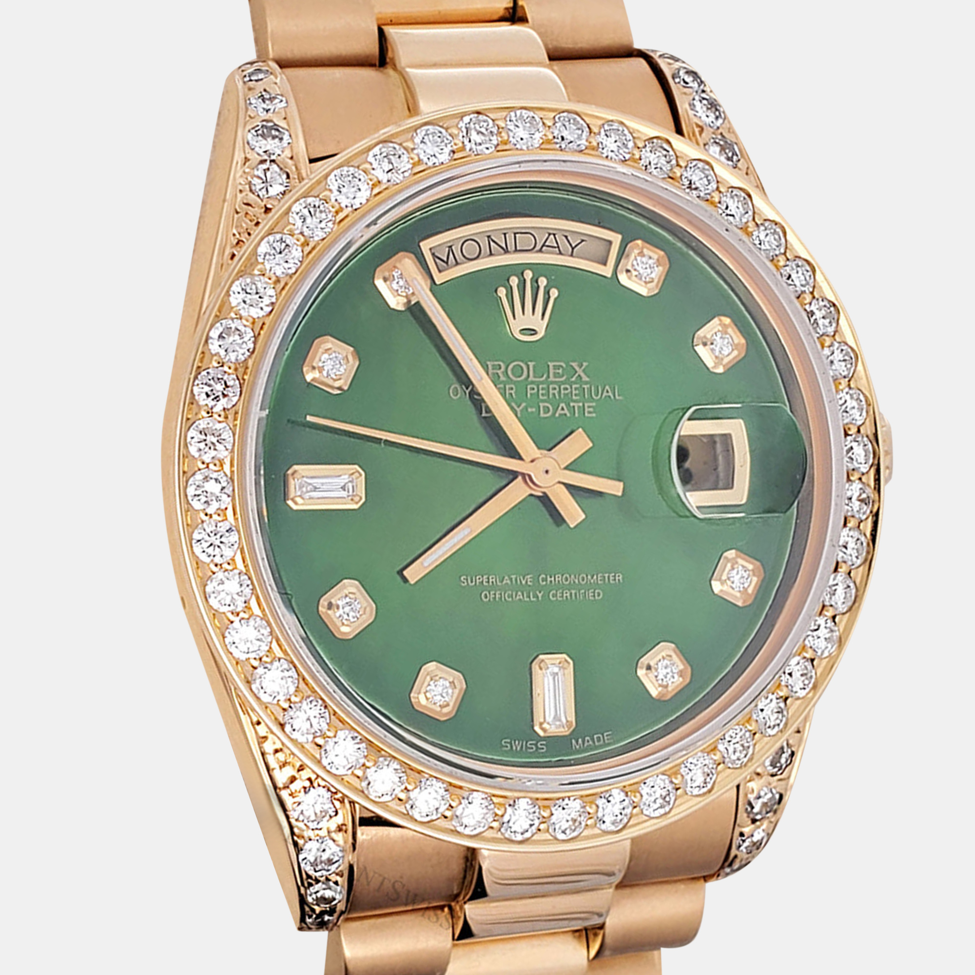 

Rolex president day date  diamond bezel lugs green mop dial yellow gold Wristwatch