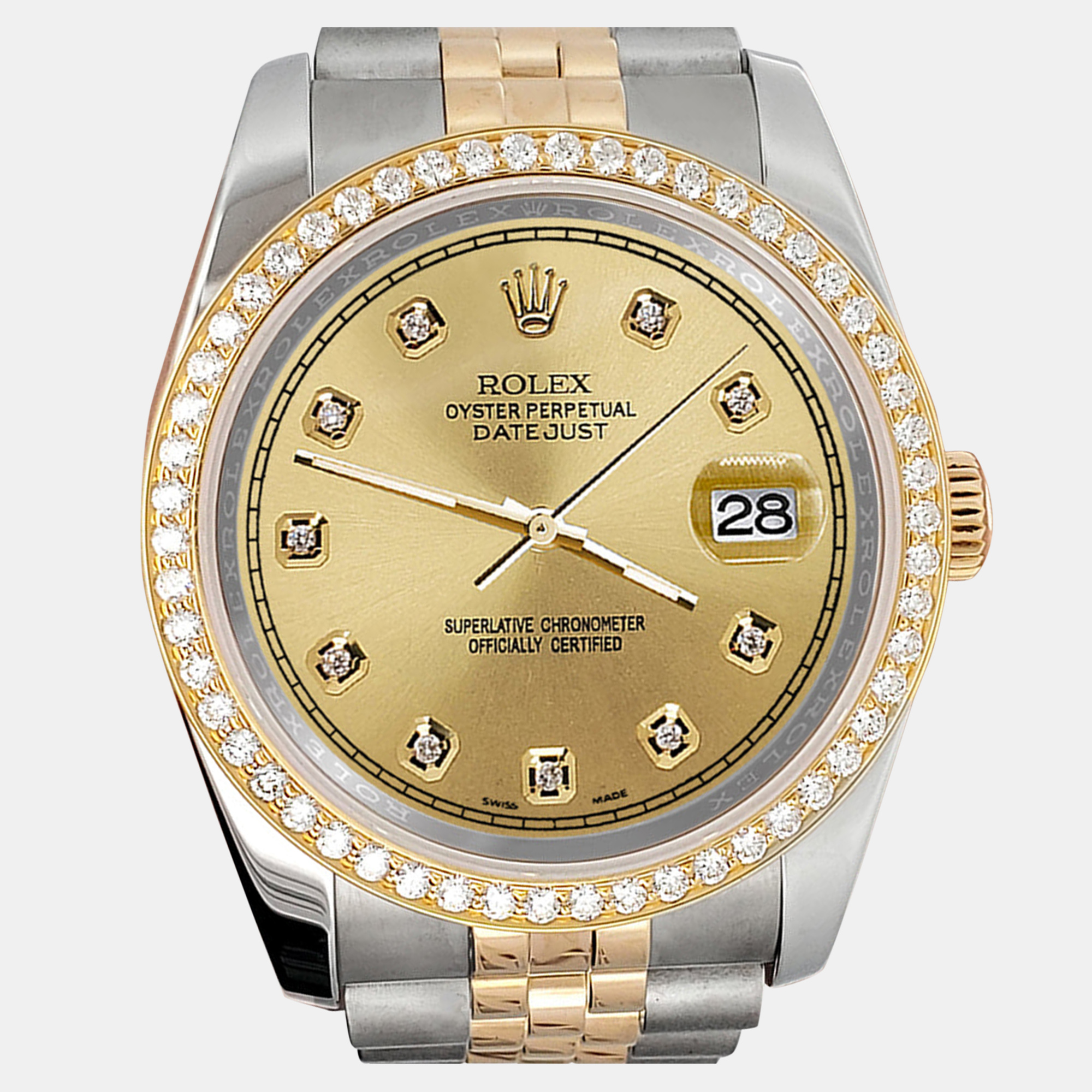 

Rolex datejust  1.1ct diamond bezel champagne track diamond dial Wristwatch, Gold