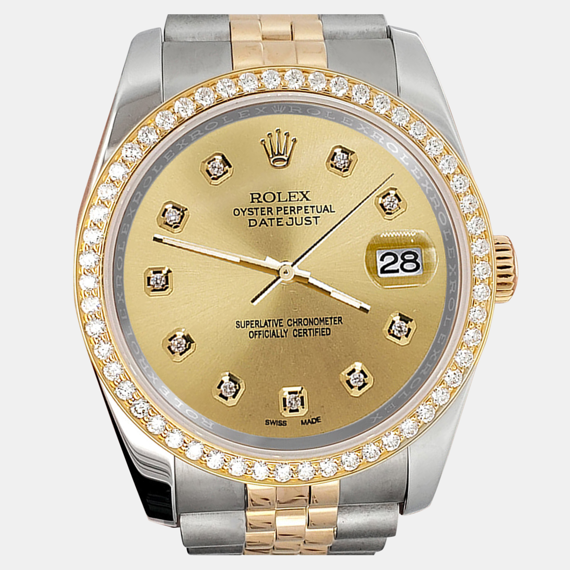 

Rolex datejust  1.1ct diamond bezel champagne diamond dial Wristwatch, Gold