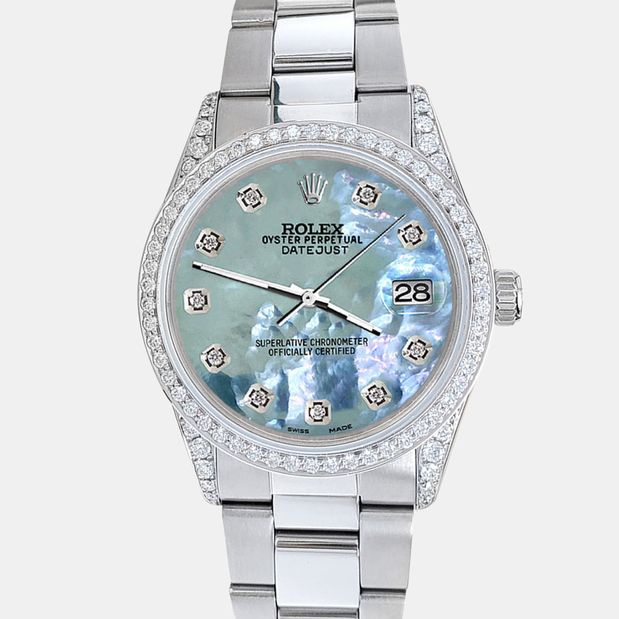 

Rolex datejust  1.95ct diamond bezel lugs tahitian blue mop diamond dial steel oyster Wristwatch