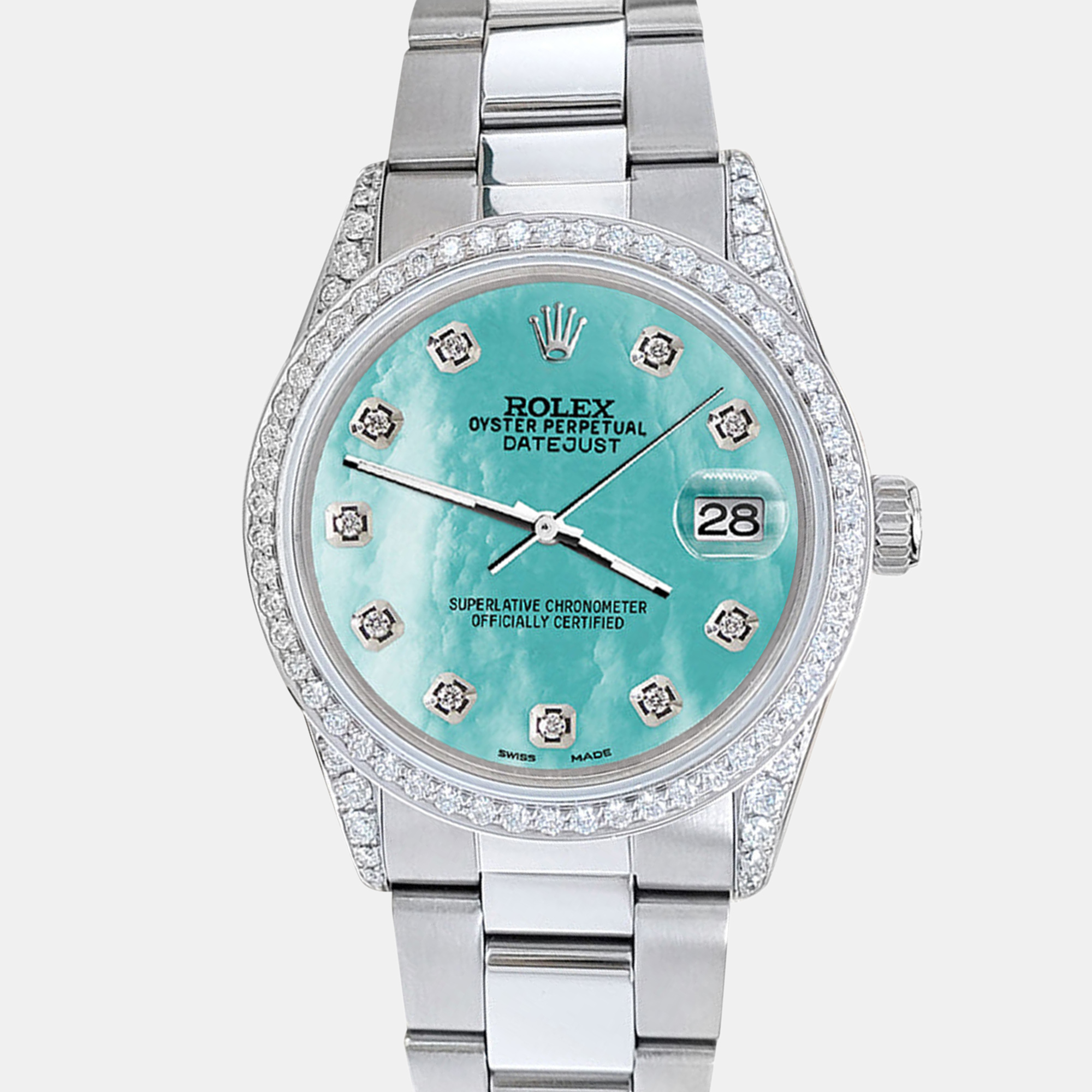 

Rolex datejust  1.95ct diamond bezel lugs aquamarine blue mop diamond dial steel oyster Wristwatch