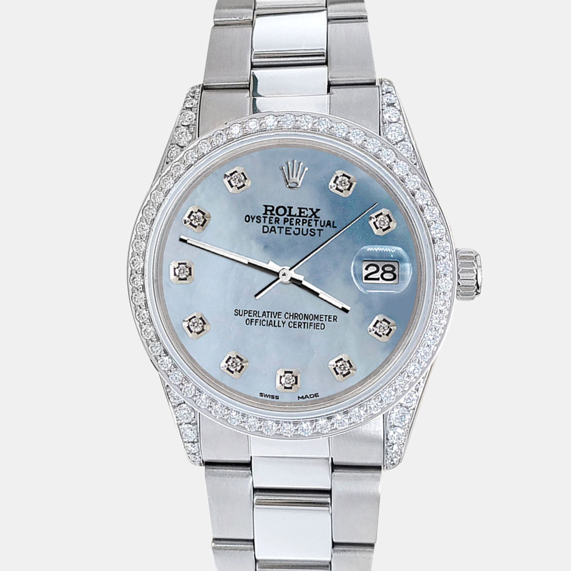 

Rolex datejust  1.95ct diamond bezel lugs sky blue mop diamond dial steel oyster Wristwatch