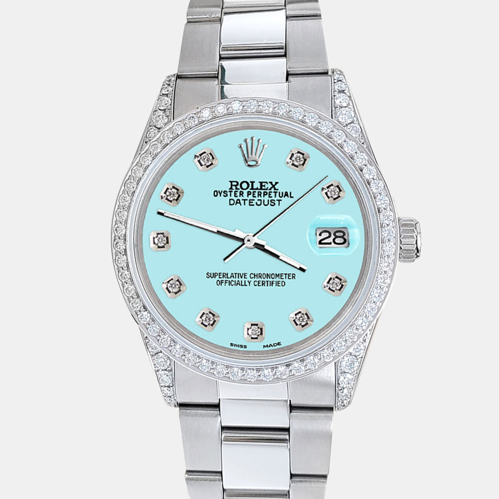 

Rolex datejust  1.95ct diamond bezel lugs aqua blue diamond dial steel oyster Wristwatch