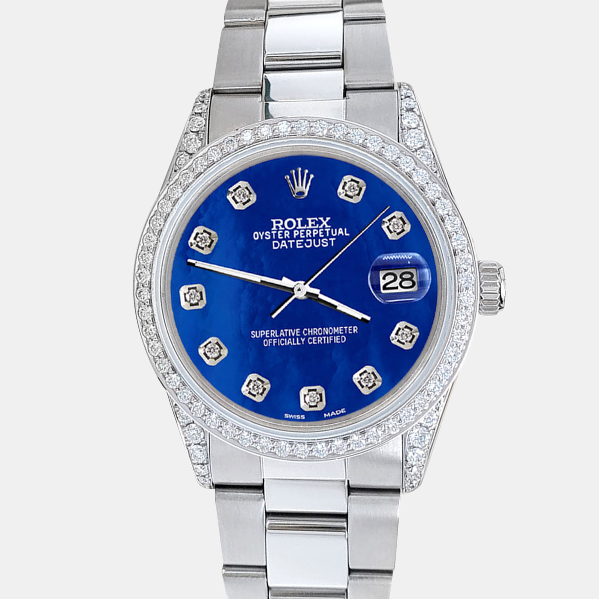 

Rolex datejust  1.95ct diamond bezel lugs royal blue mop diamond dial steel oyster Wristwatch