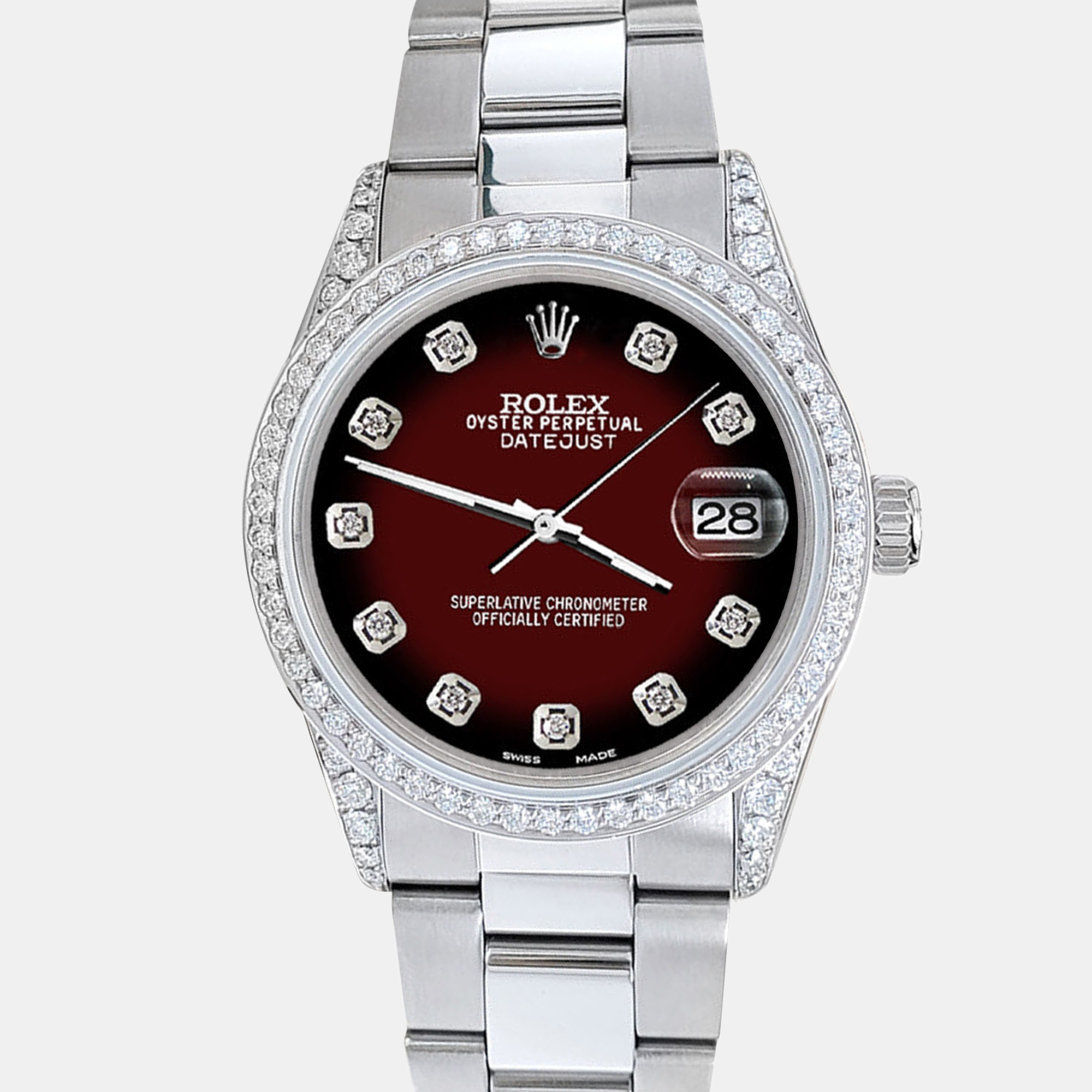 

Rolex datejust  1.95ct diamond bezel lugs maroon vignette diamond dial steel oyster Wristwatch, Red