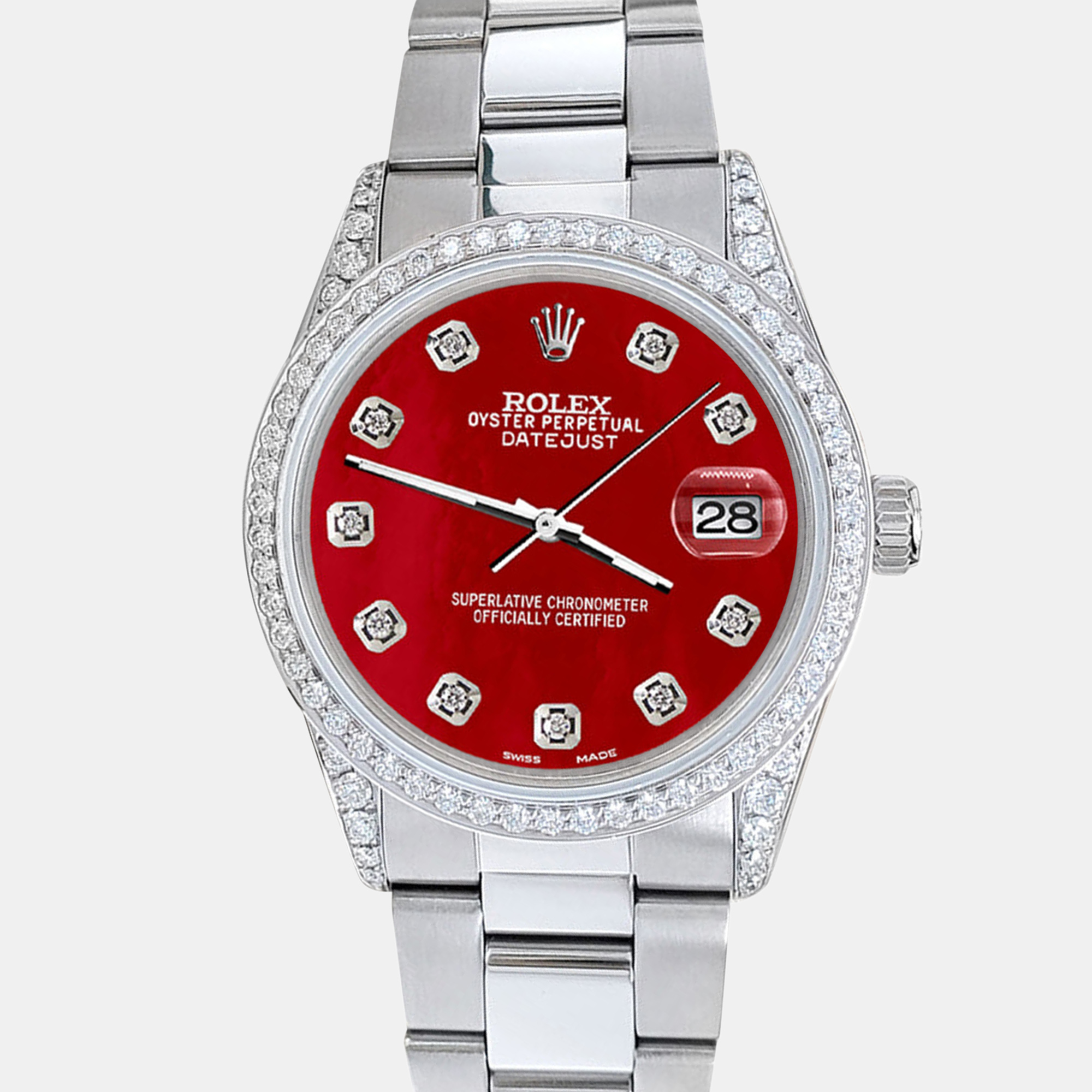 

Rolex datejust  1.95ct diamond bezel lugs royal red mop diamond dial steel oyster Wristwatch