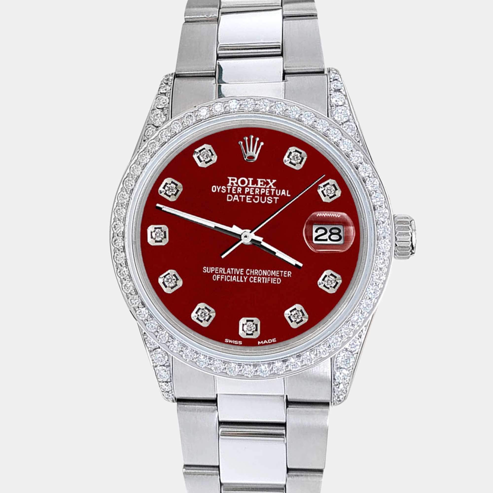 

Rolex datejust  1.95ct diamond bezel lugs imperial red diamond dial steel oyster Wristwatch