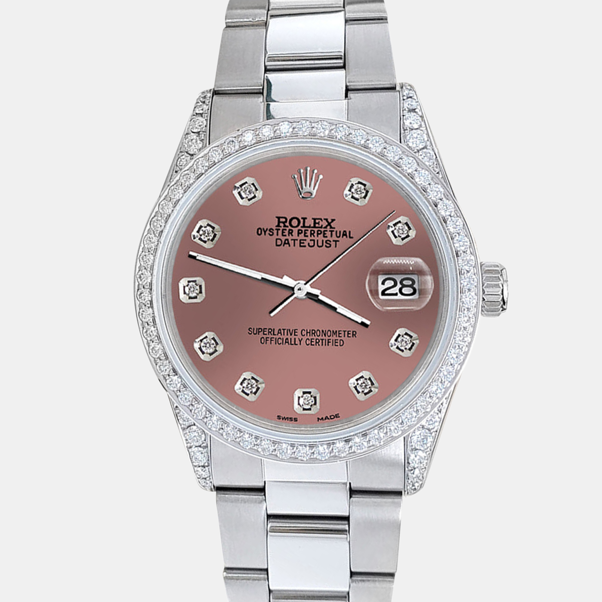 

Rolex datejust  1.95ct diamond bezel lugs salmon diamond dial steel oyster Wristwatch, Brown