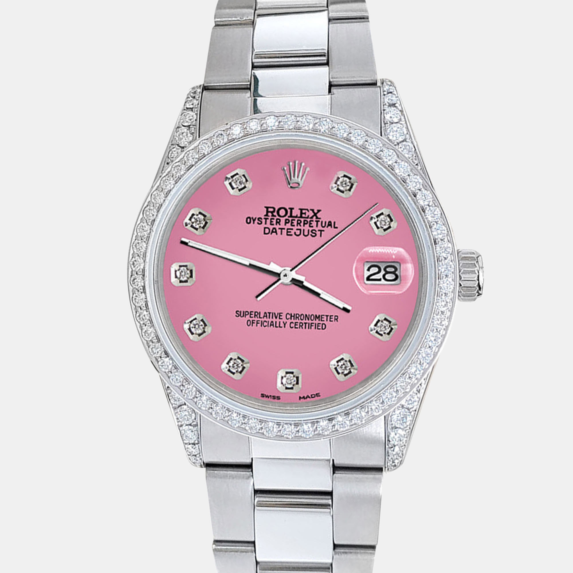 

Rolex datejust  1.95ct diamond bezel lugs hot pink diamond dial steel oyster Wristwatch