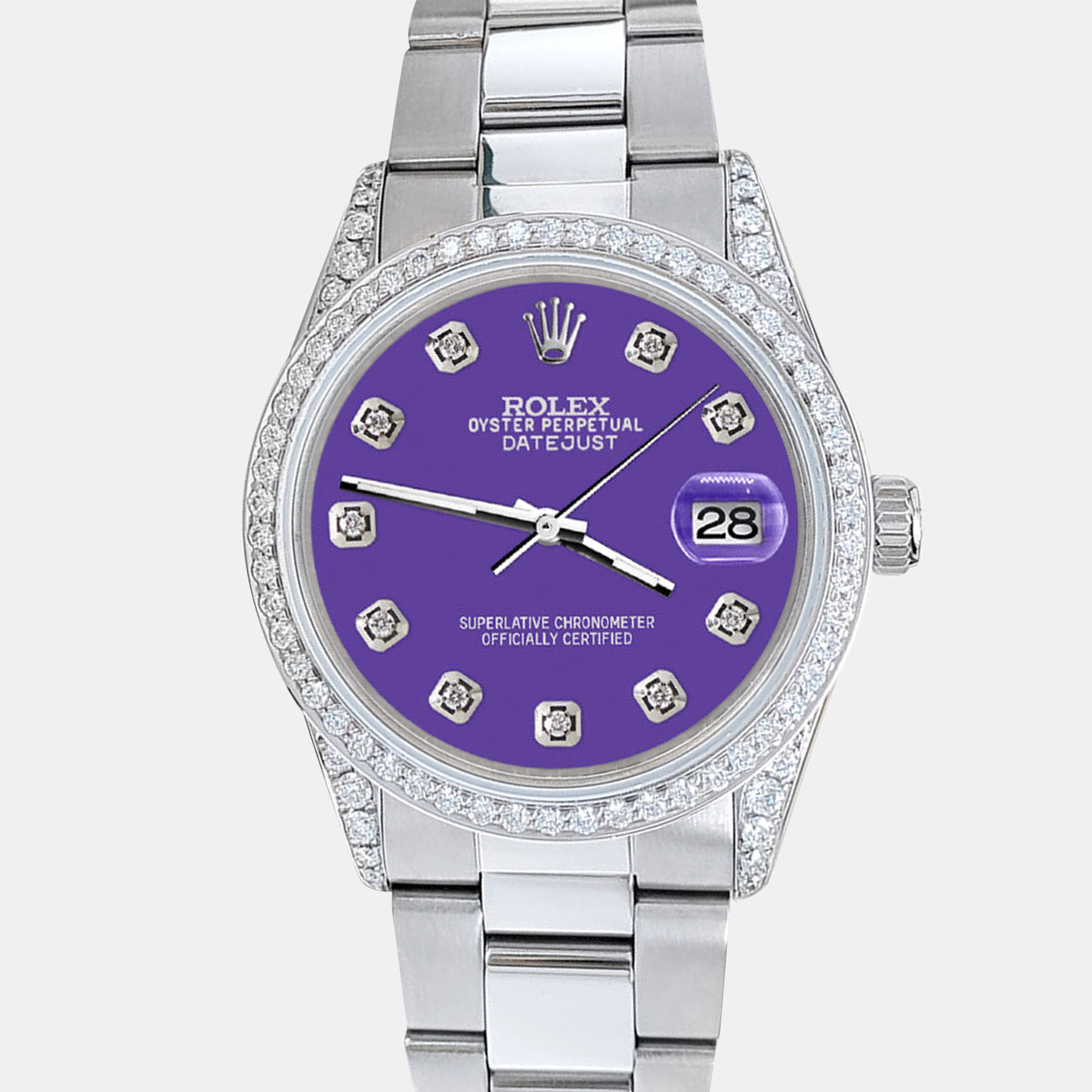 

Rolex datejust  1.95ct diamond bezel lugs lavender diamond dial steel oyster Wristwatch, Purple