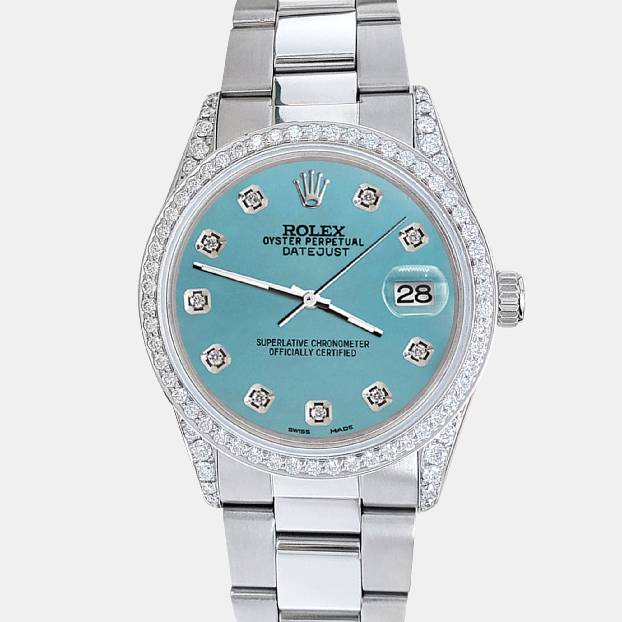 

Rolex datejust  1.95ct diamond bezel lugs turquoise diamond dial steel oyster Wristwatch, Blue