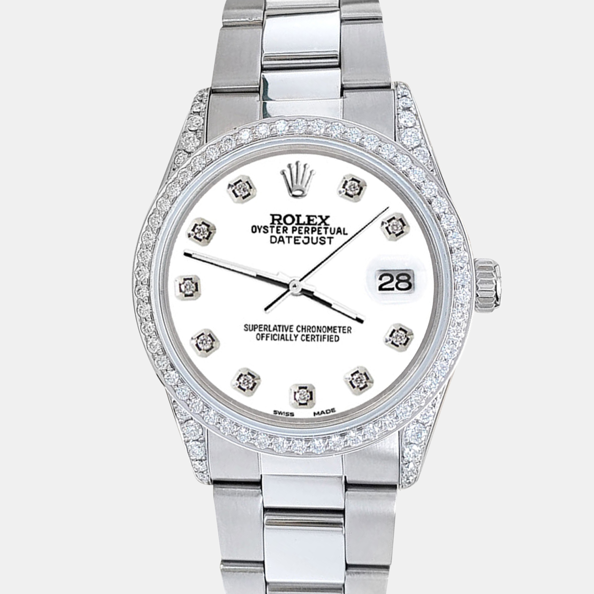 

Rolex datejust  1.95ct diamond bezel lugs white diamond dial steel oyster Wristwatch