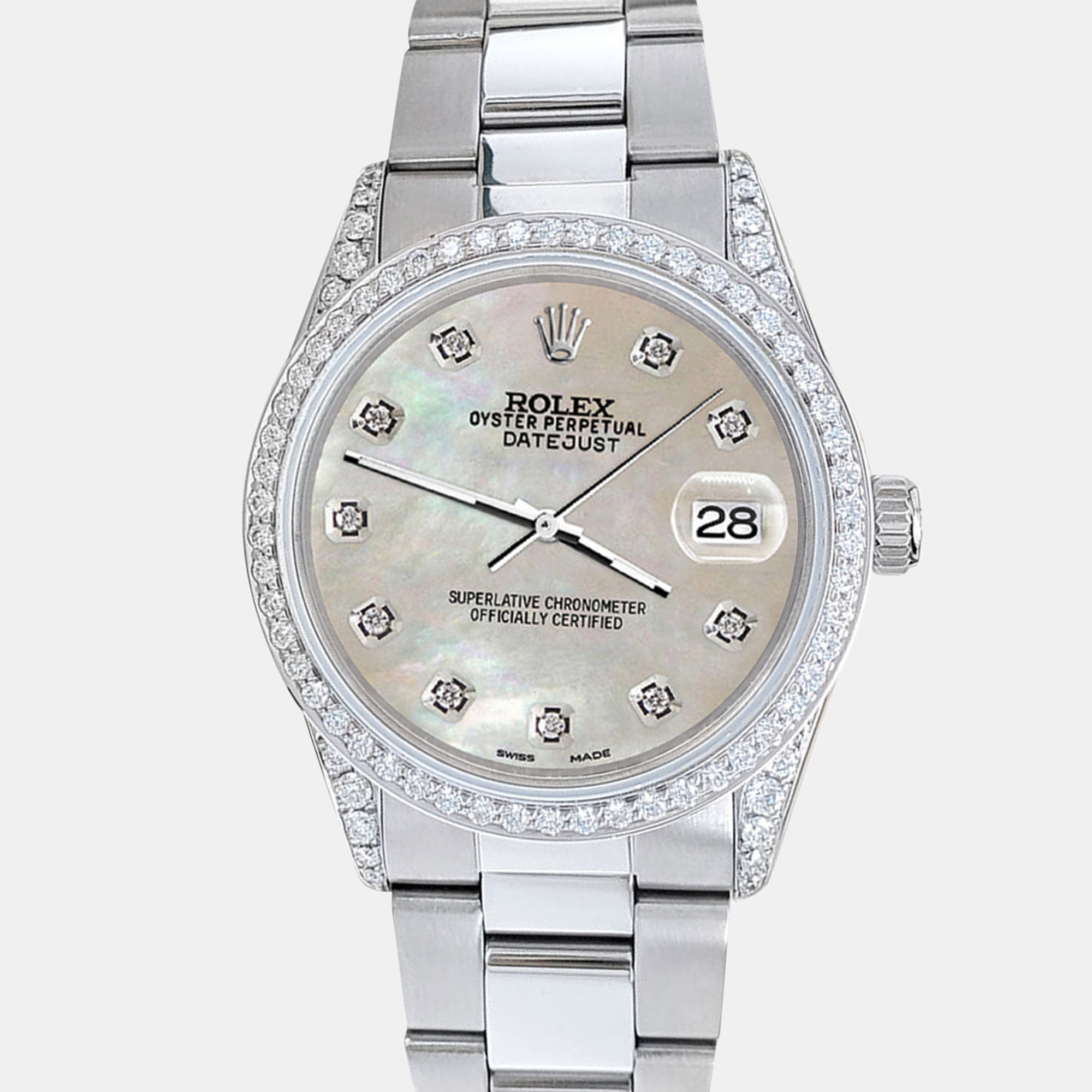 

Rolex datejust  1.95ct diamond bezel lugs champagne mop diamond dial steel oyster Wristwatch, Silver