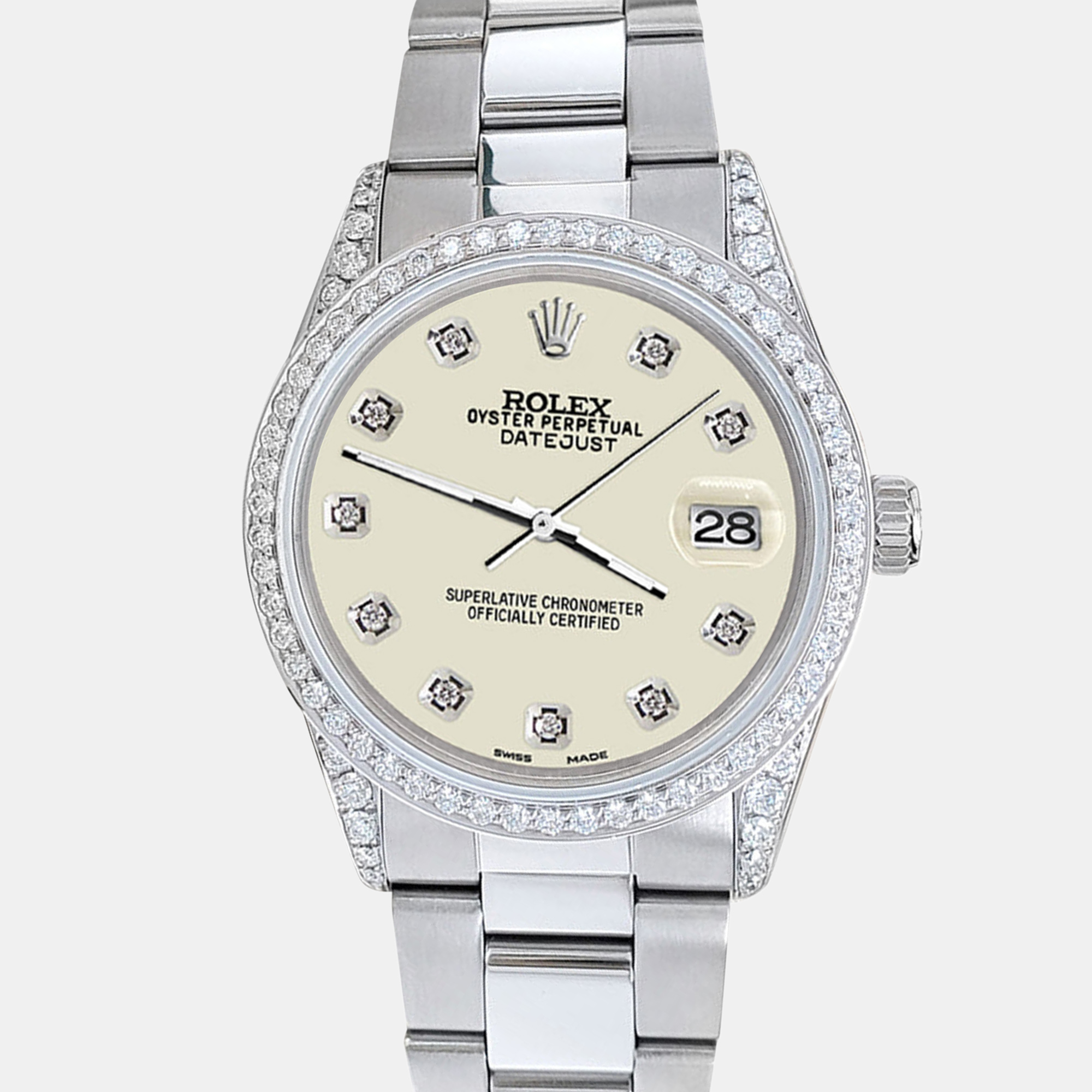 

Rolex datejust  1.95ct diamond bezel lugs satin linen diamond dial steel oyster Wristwatch, Silver