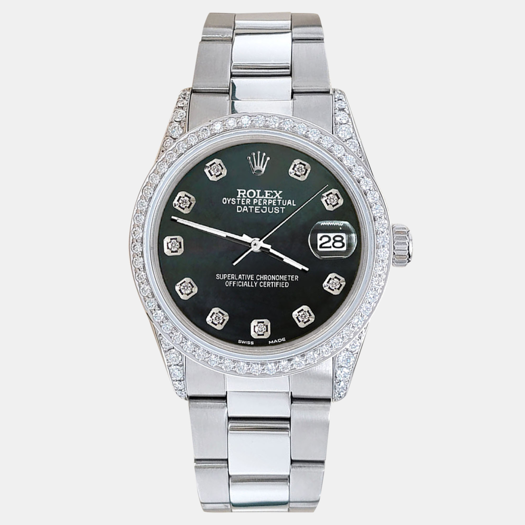 

Rolex datejust  1.95ct diamond bezel lugs black mop diamond dial steel oyster Wristwatch