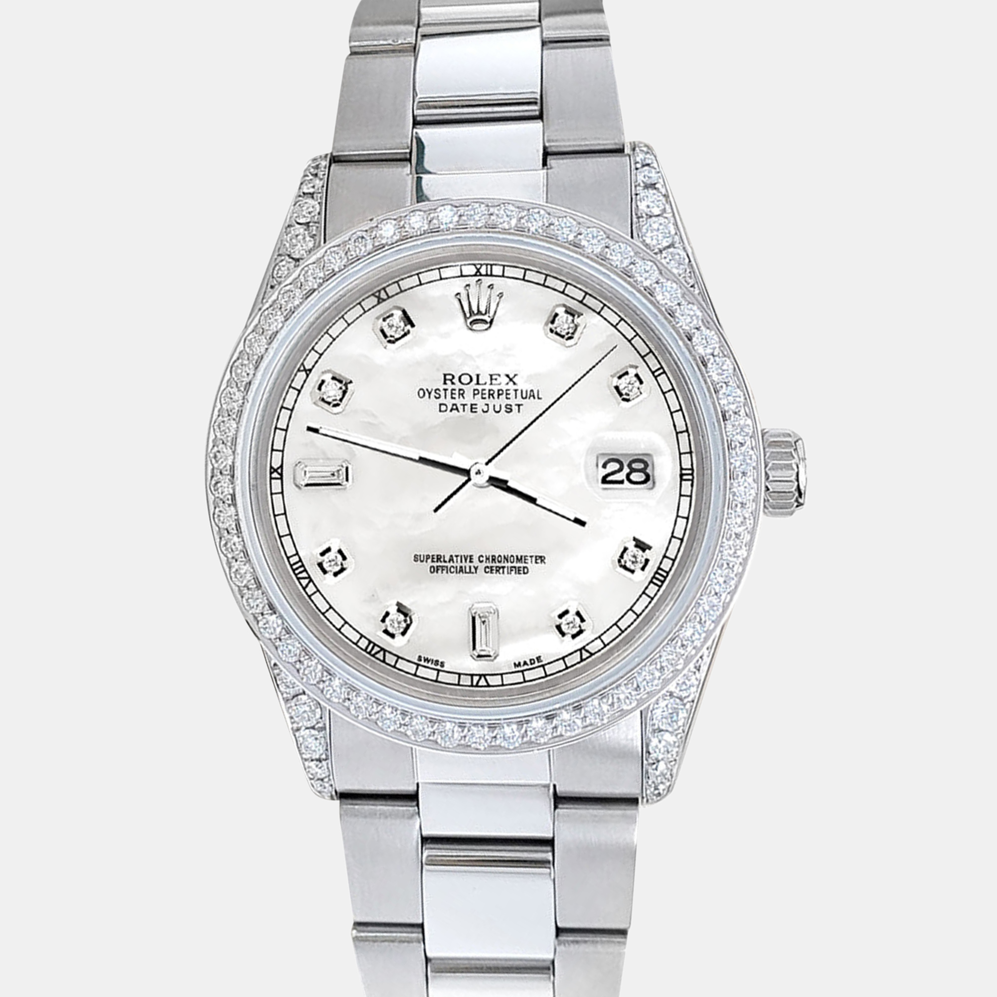 

Rolex datejust  1.95ct diamond bezel lugs white baguette mop diamond dial steel oyster Wristwatch, Silver