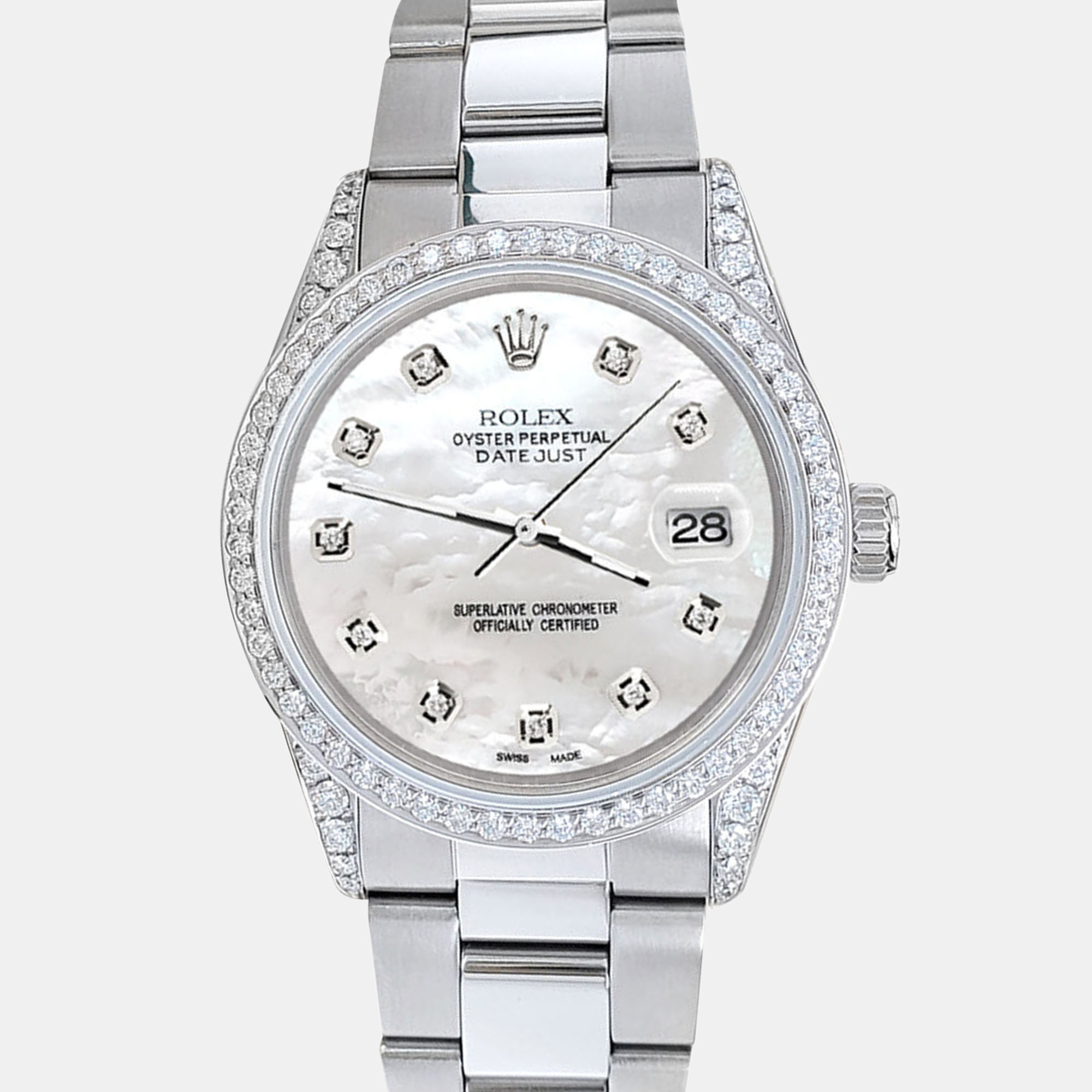 

Rolex datejust  1.95ct diamond bezel lugs white mop diamond dial steel oyster Wristwatch, Silver