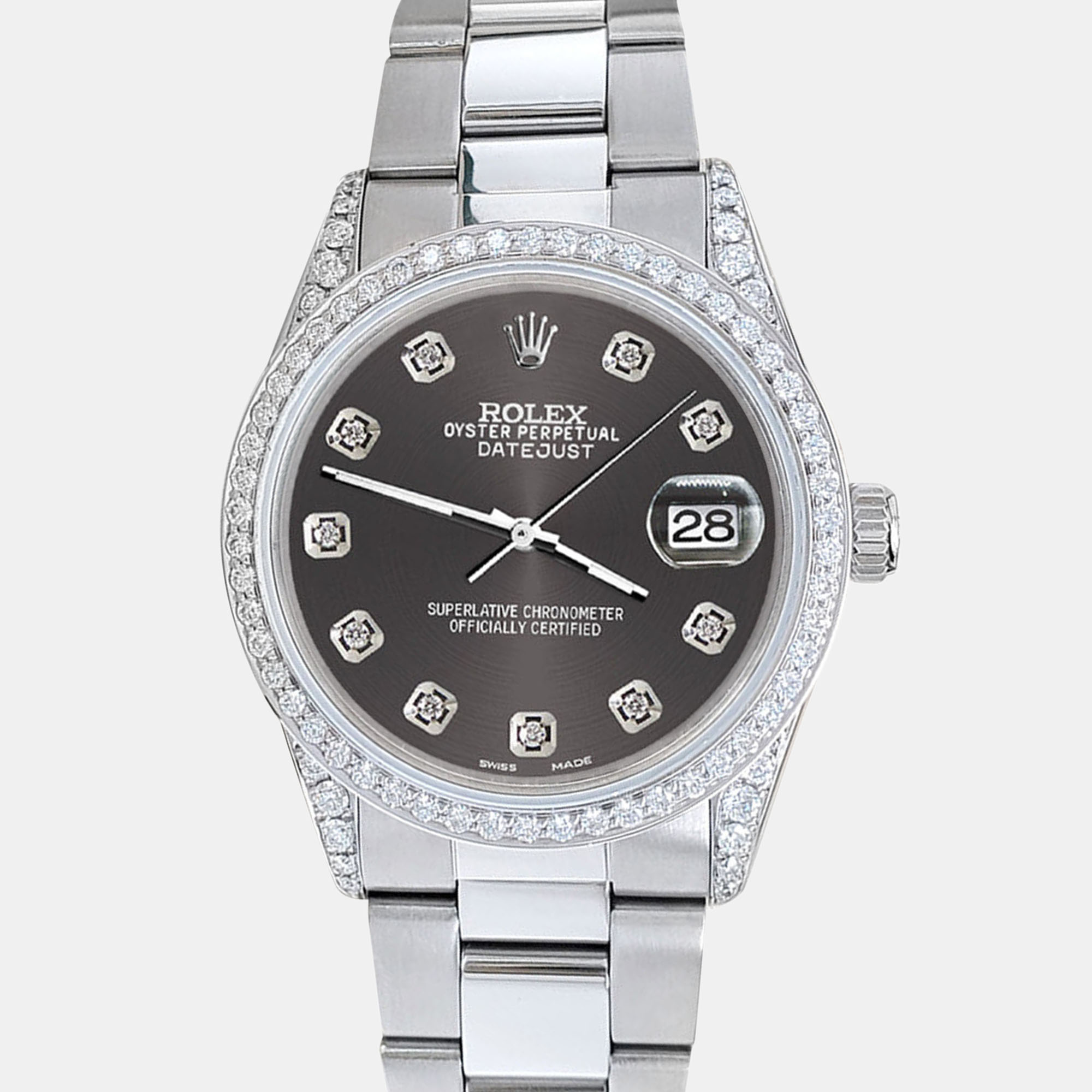 

Rolex datejust  1.95ct diamond bezel lugs rhodium gray diamond dial steel oyster Wristwatch, Grey