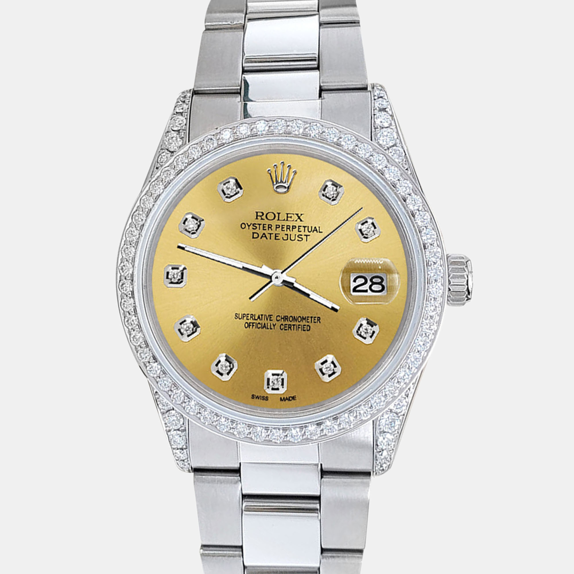 

Rolex datejust  1.95ct diamond bezel lugs champagne diamond dial steel oyster Wristwatch, Gold