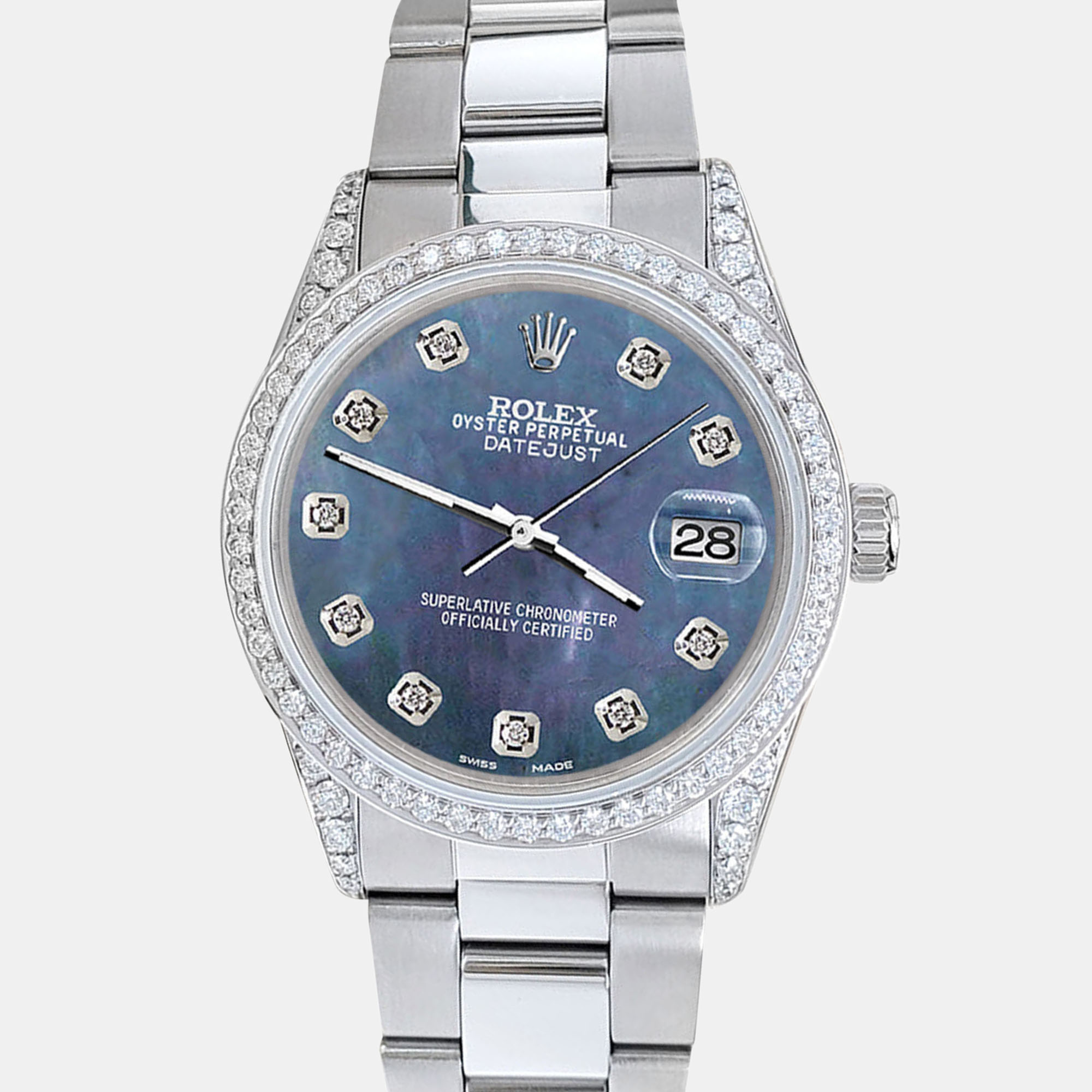 

Rolex datejust  1.95ct diamond bezel lugs black pearl diamond dial steel oyster Wristwatch, Blue