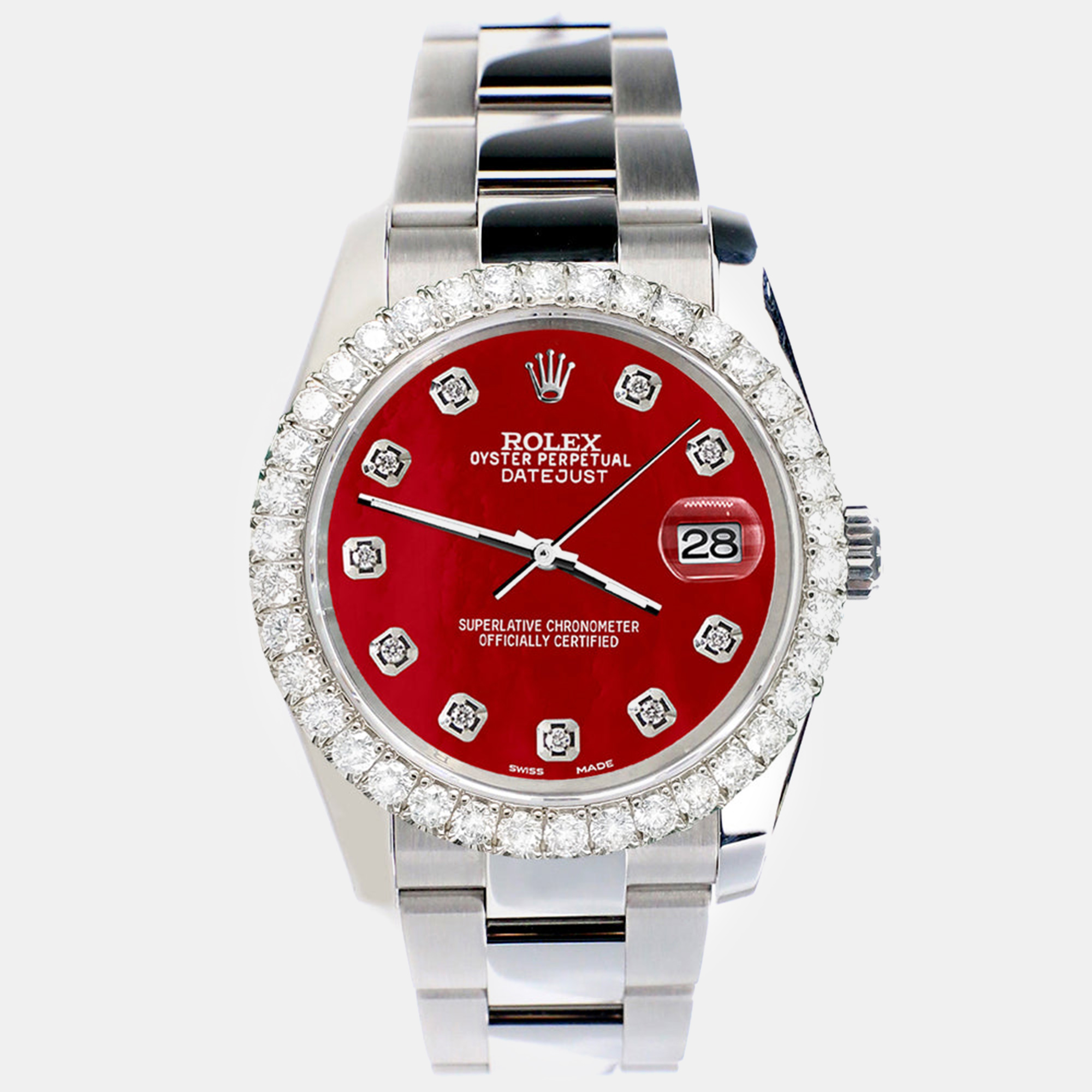 

Rolex datejust 116200  2.7ct diamond bezel red mop diamond dial steel oyster Wristwatch