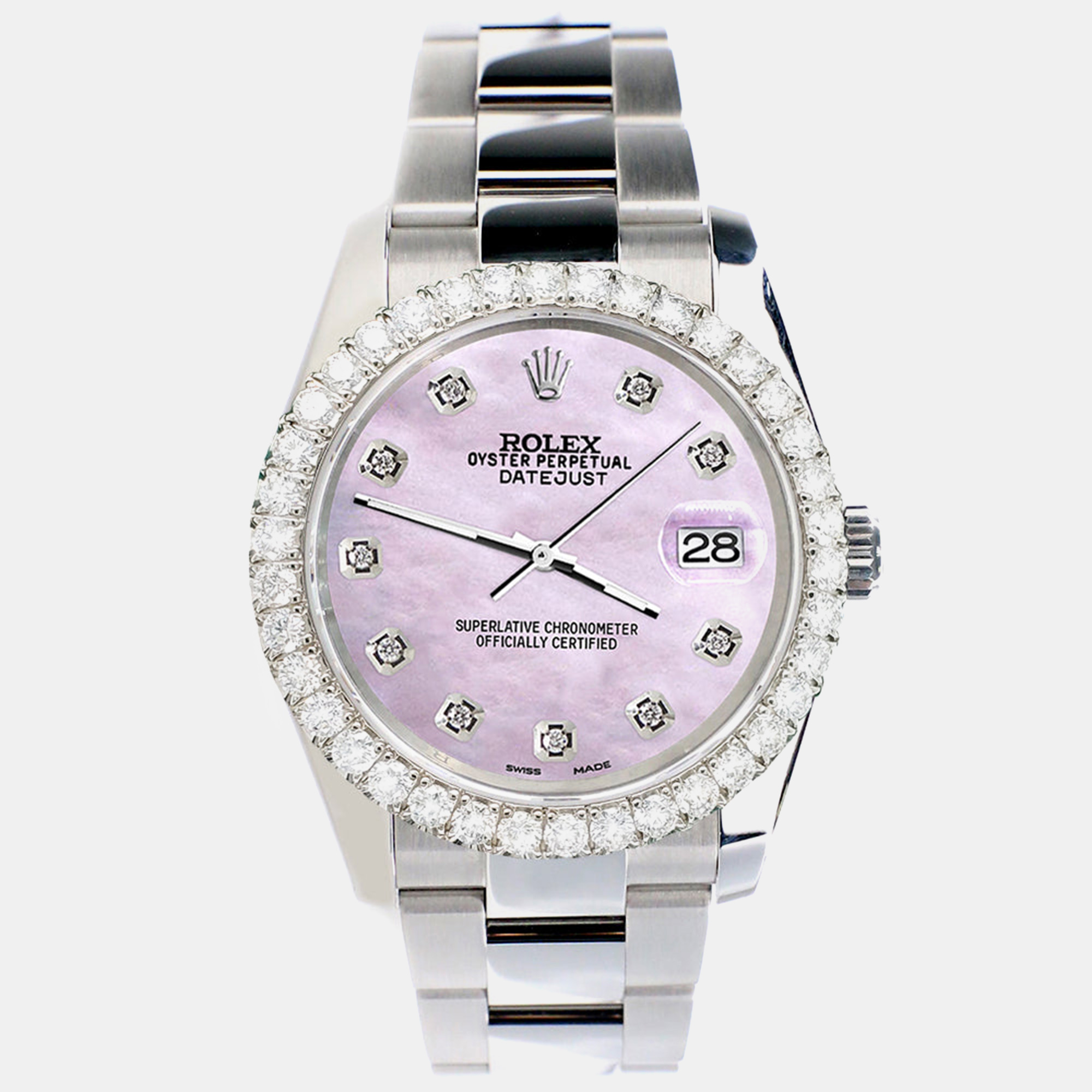 

Rolex Custom Pink Pearl 2.7ct Diamonds Stainless Steel Datejust 116200 Automatic Men's Wristwatch