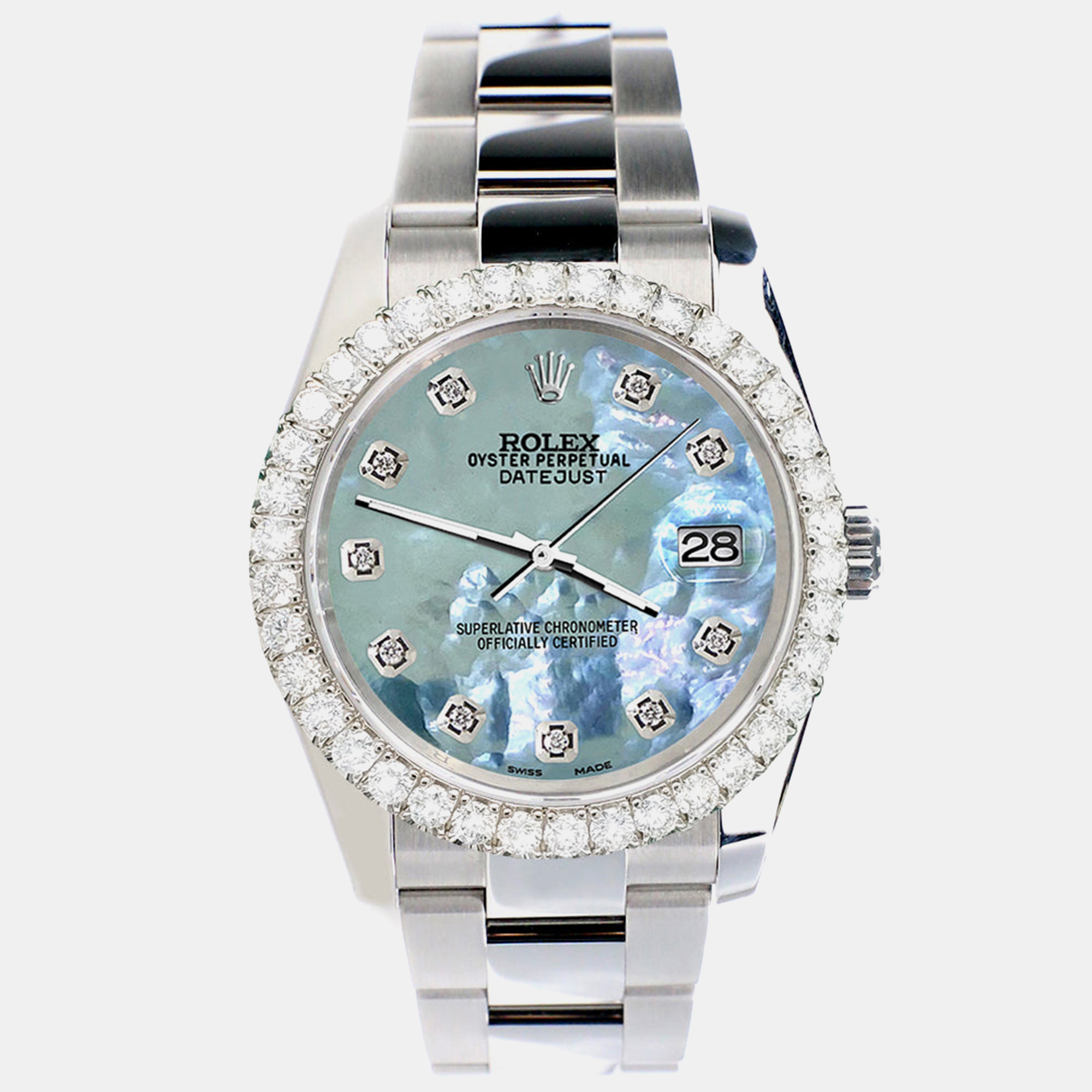 

Rolex Custom Tahitian Blue 2.7ct Diamonds Stainless Steel Datejust 116200 Automatic Men's Wristwatch, Green