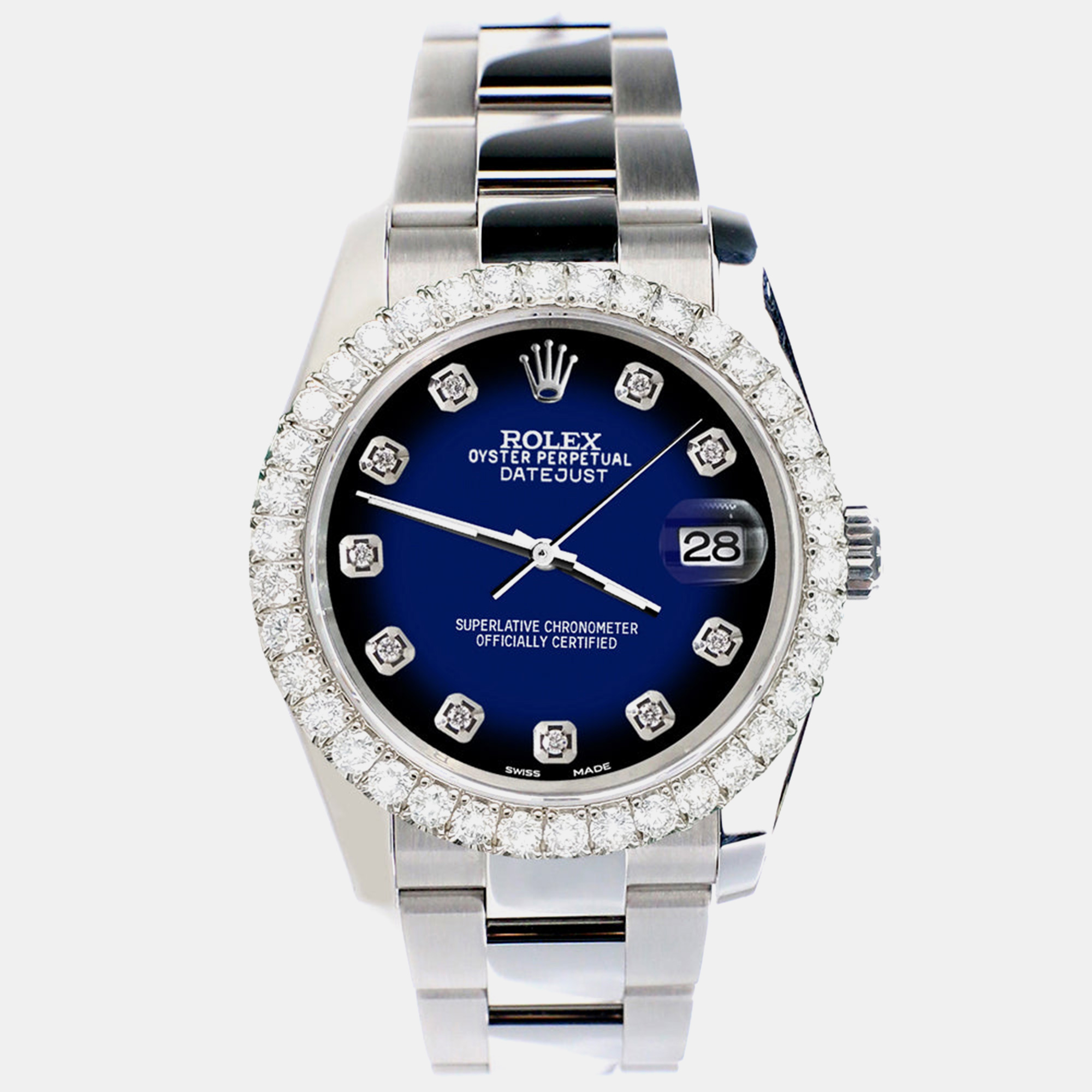 

Rolex Custom Blue Vignette 2.7ct Diamonds Stainless Steel Datejust 116200 Automatic Men's Wristwatch